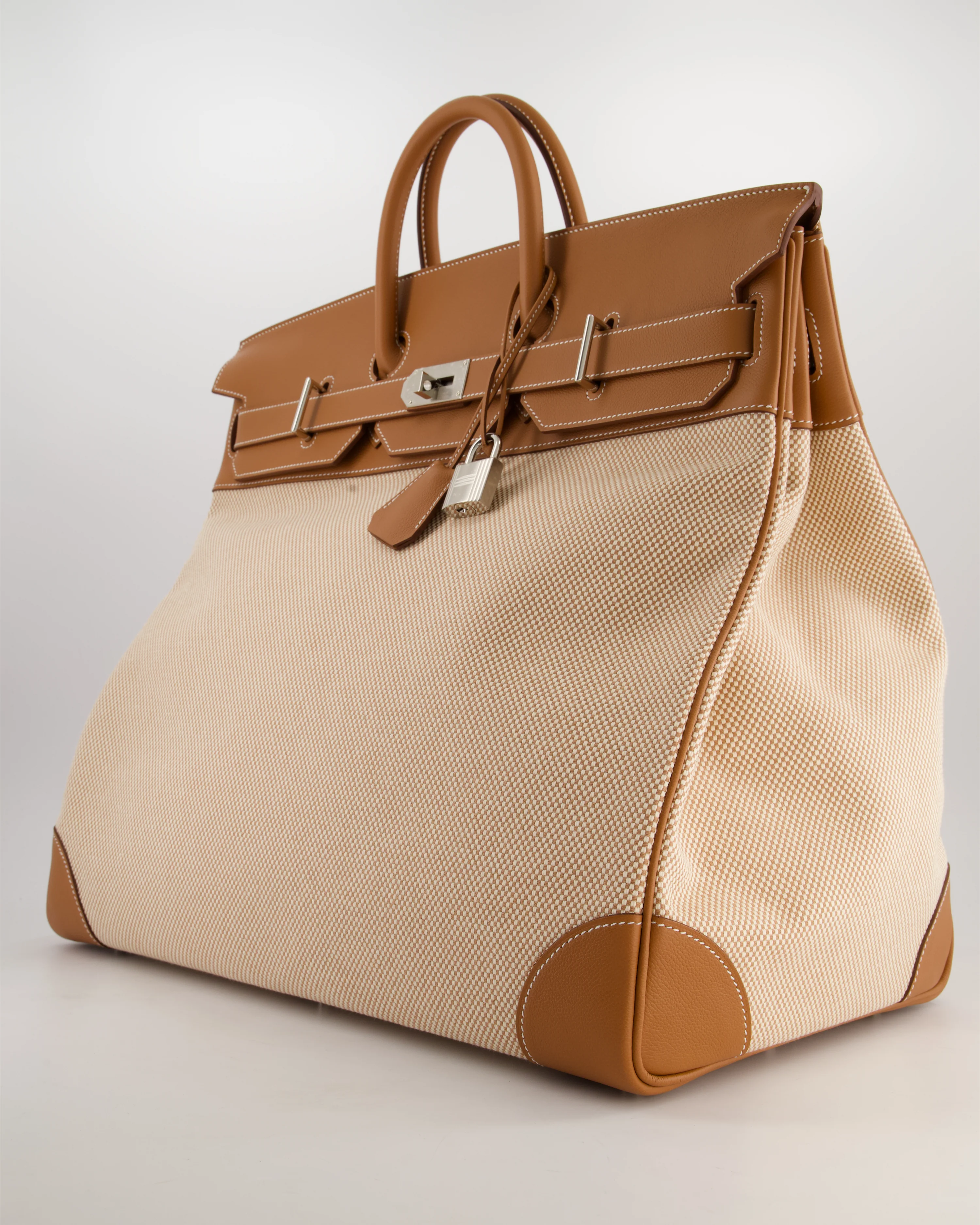 *RARE* Hermès Haut à Courroies HAC 50 Bag in Gold Evercolour Leather & Écru/Beige Toile Cross Canvas with Palladium Hardware - Image 9