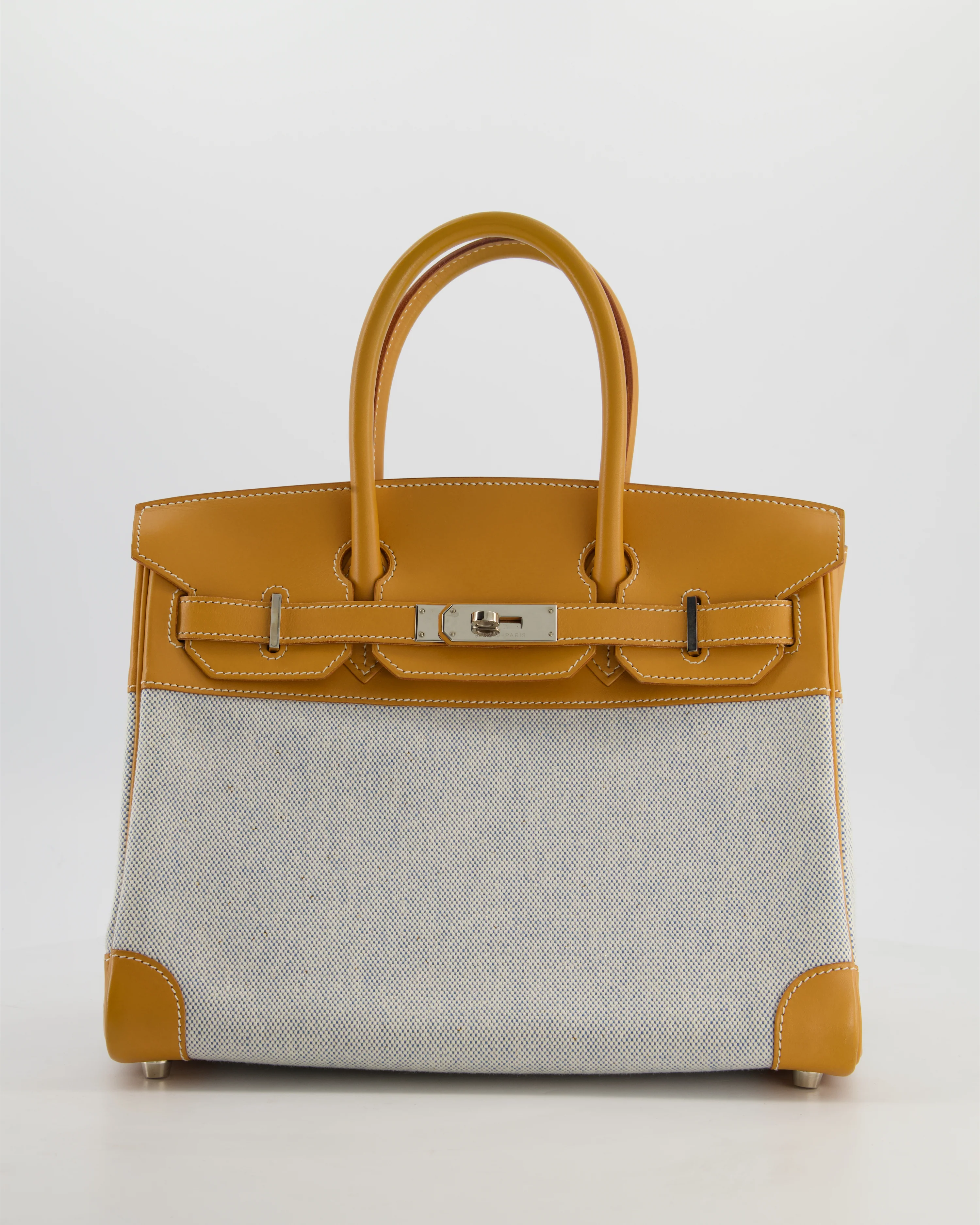 *RARE* Hermès Vintage Birkin 30 Retourne Toile Bag in Natural Sable Vache Naturelle Leather & Écru/Ciel Cross Toile Canvas with Palladium Hardware - Image 3
