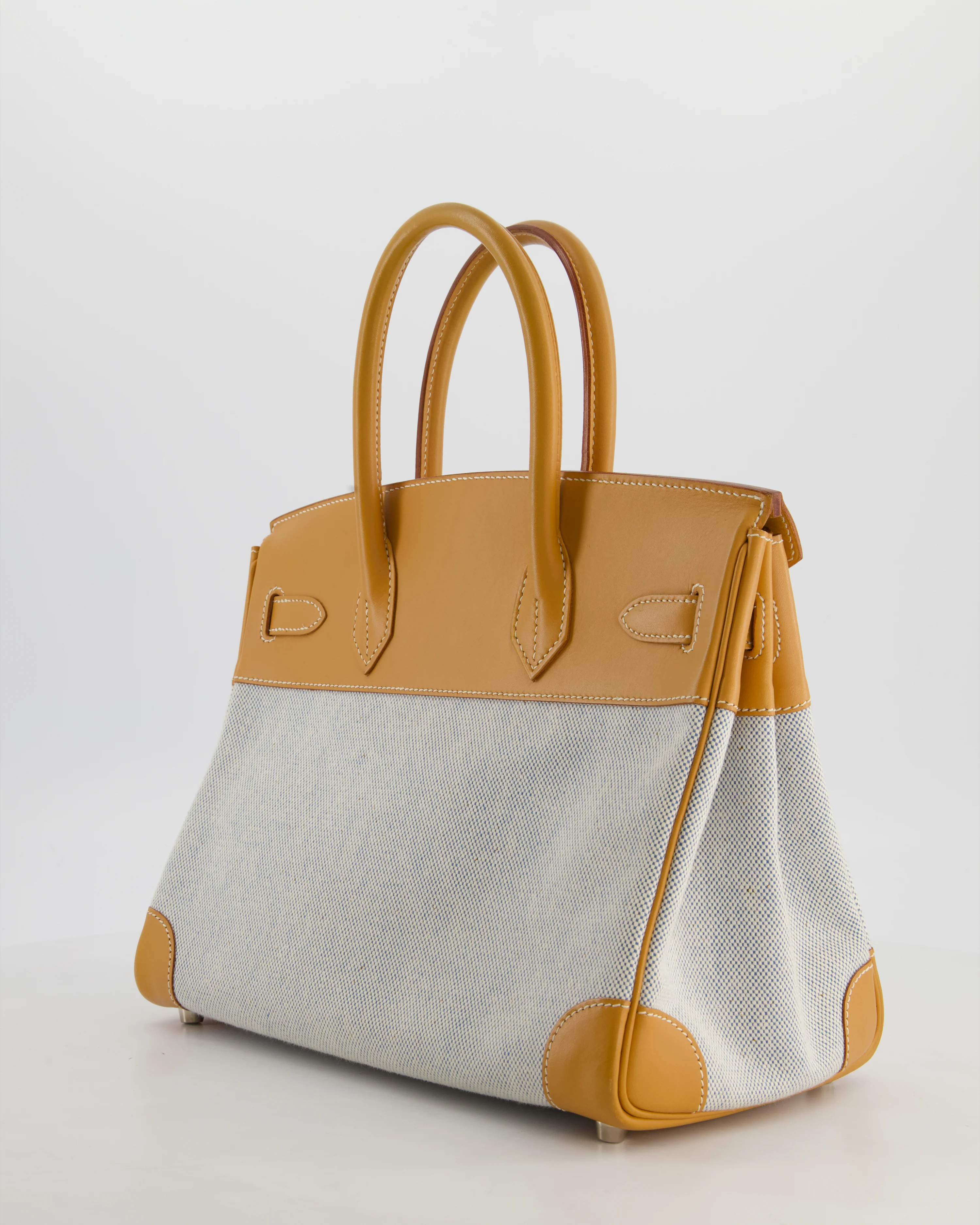 *RARE* Hermès Vintage Birkin 30 Retourne Toile Bag in Natural Sable Vache Naturelle Leather & Écru/Ciel Cross Toile Canvas with Palladium Hardware - Image 5