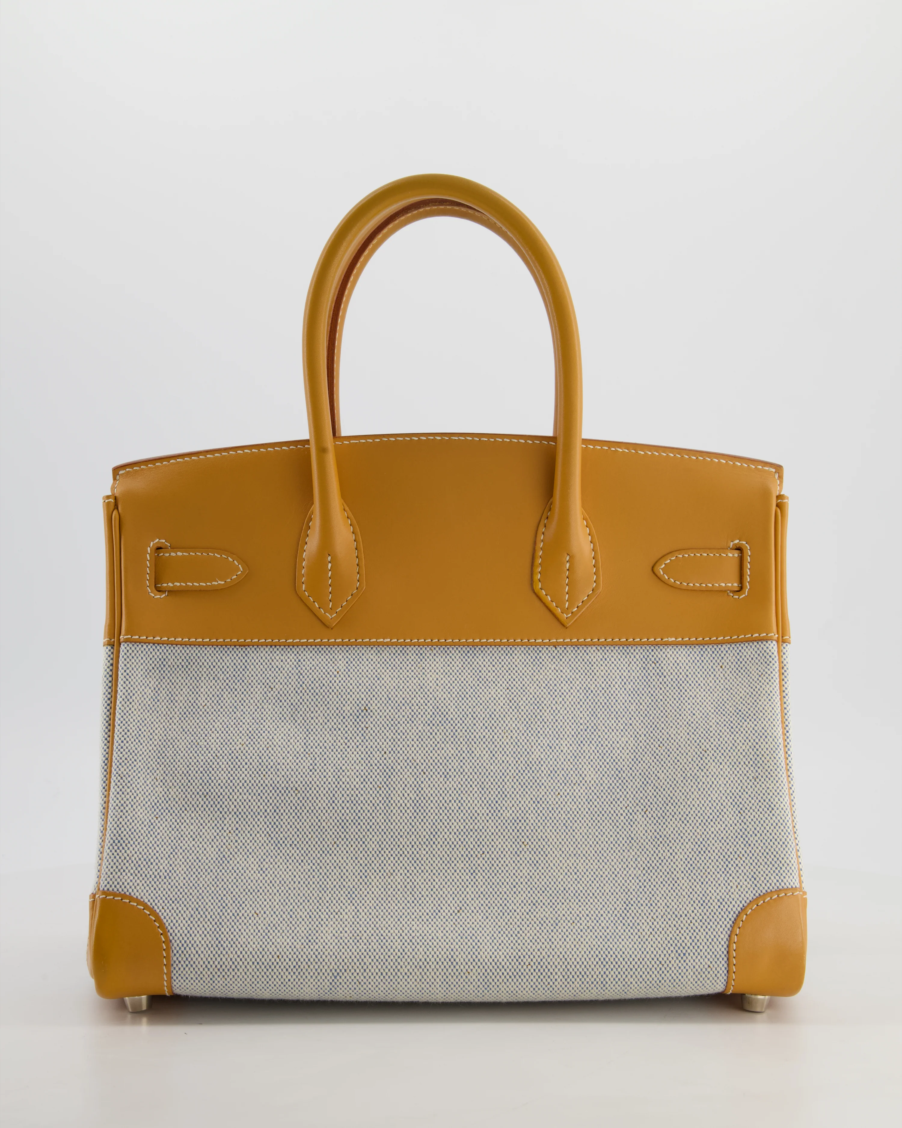 *RARE* Hermès Vintage Birkin 30 Retourne Toile Bag in Natural Sable Vache Naturelle Leather & Écru/Ciel Cross Toile Canvas with Palladium Hardware - Image 6