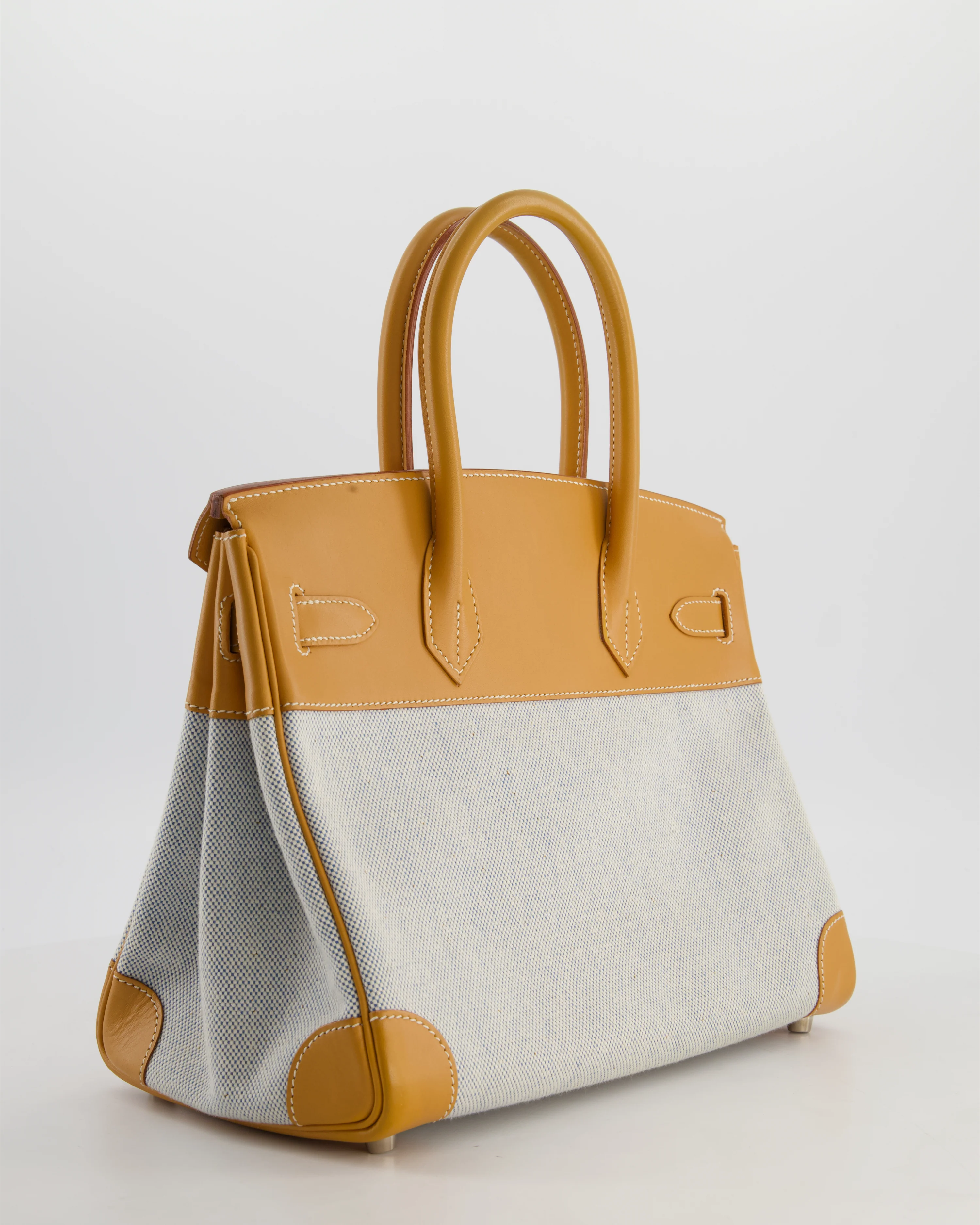 *RARE* Hermès Vintage Birkin 30 Retourne Toile Bag in Natural Sable Vache Naturelle Leather & Écru/Ciel Cross Toile Canvas with Palladium Hardware - Image 7