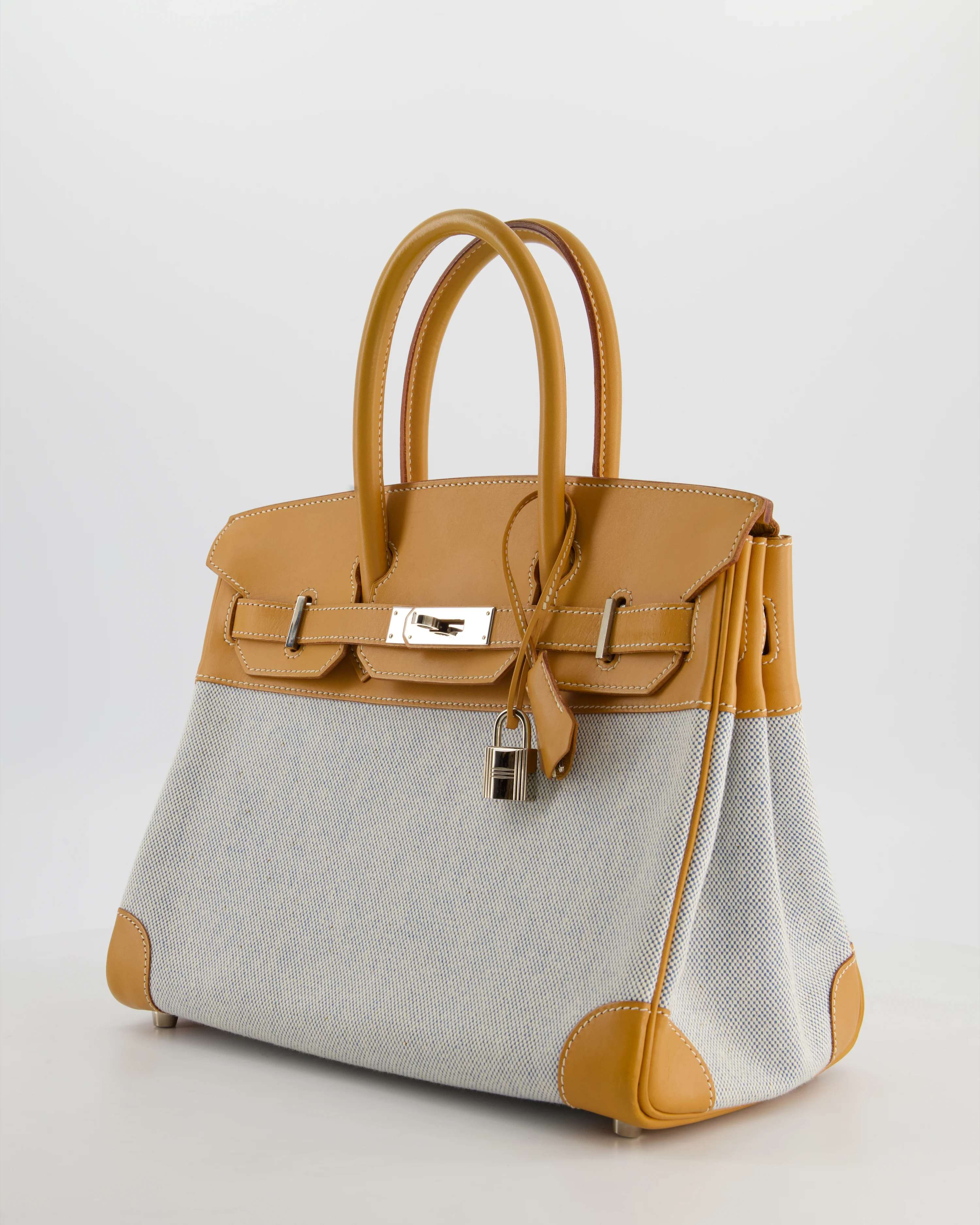 *RARE* Hermès Vintage Birkin 30 Retourne Toile Bag in Natural Sable Vache Naturelle Leather & Écru/Ciel Cross Toile Canvas with Palladium Hardware - Image 9