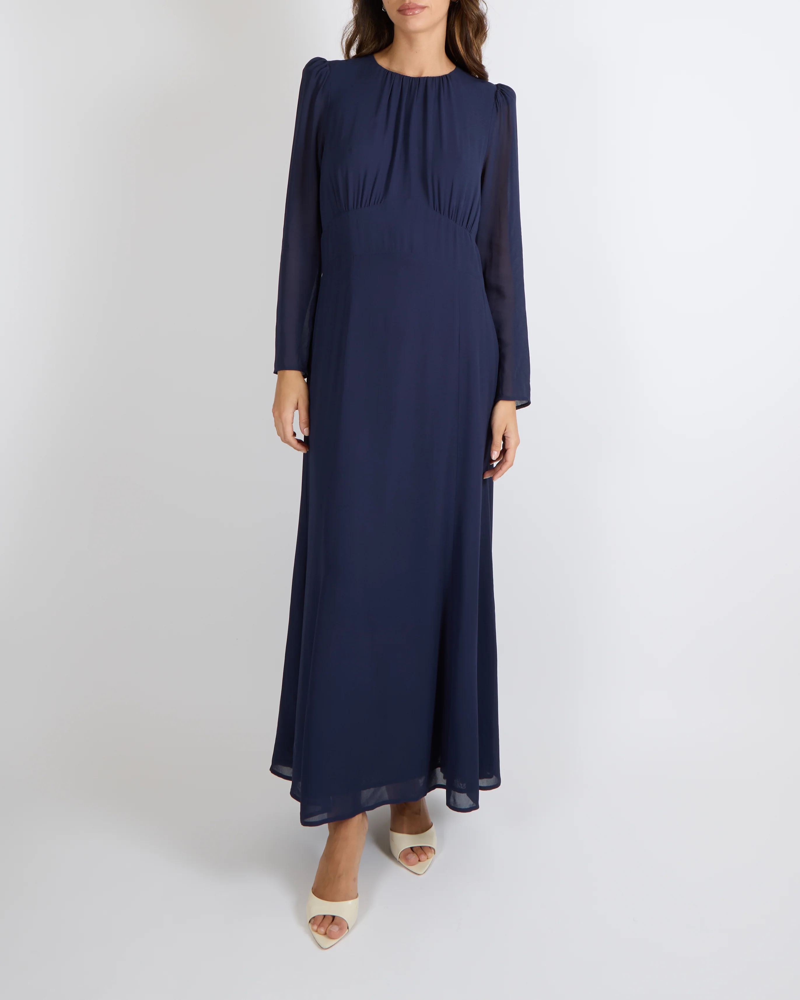 Reformation Navy Long-Sleeved Maxi Dress with Pleated Top Detail Size UK 12