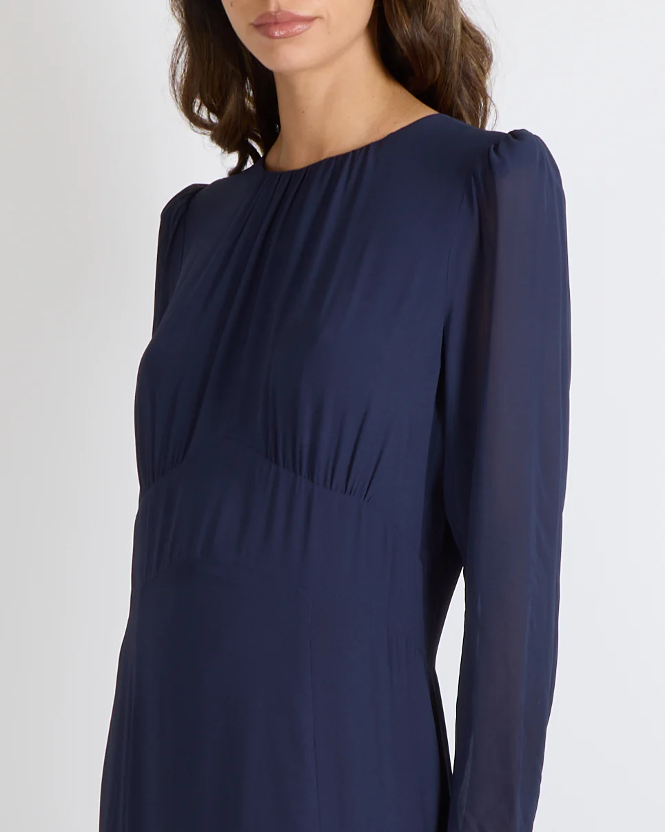 Reformation Navy Long-Sleeved Maxi Dress with Pleated Top Detail Size UK 12 - Image 4