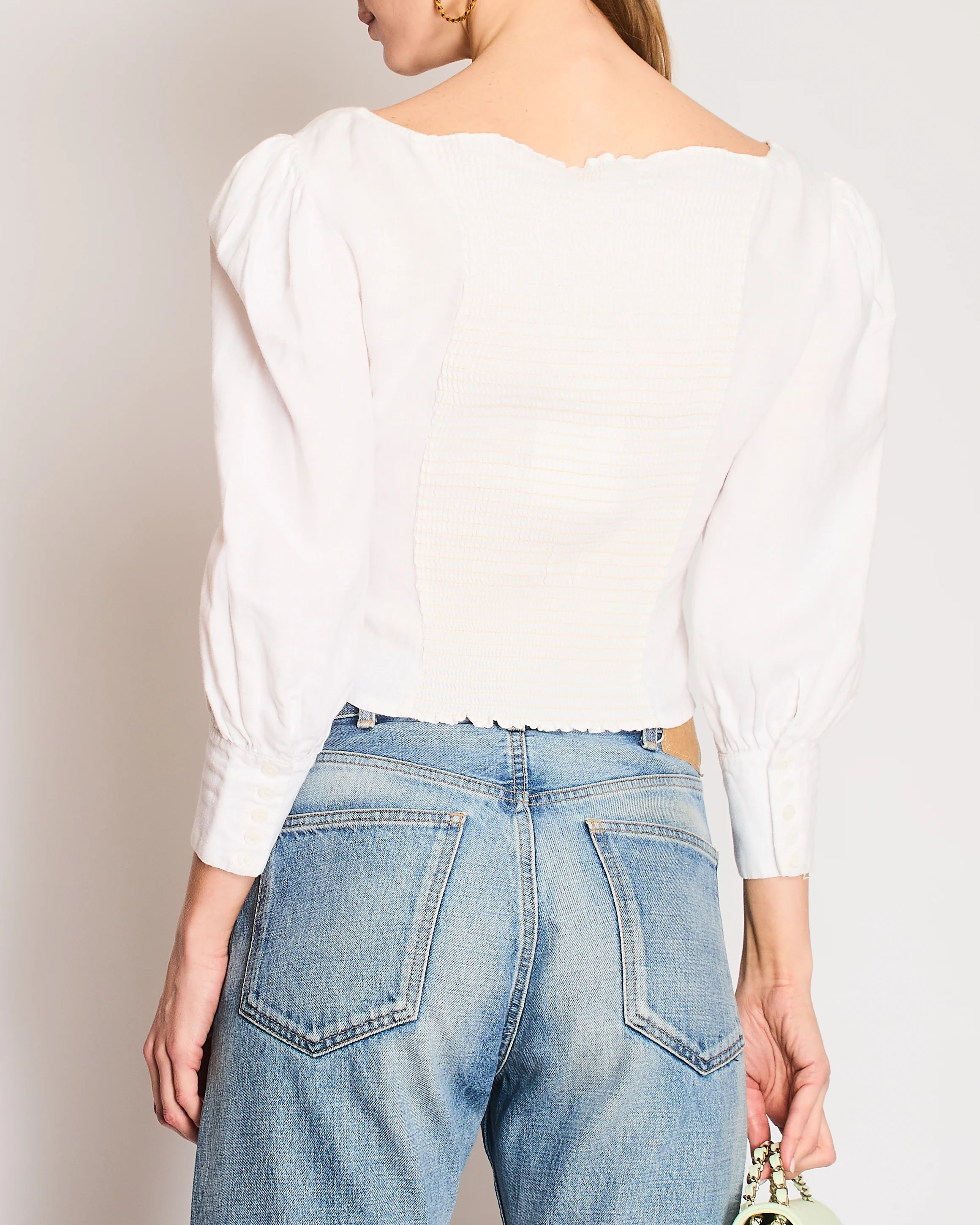 Reformation White Linen Cropped Balloon Sleeve Top with Ribbed and Corset Detail Size US 2 (UK 6) - Image 4