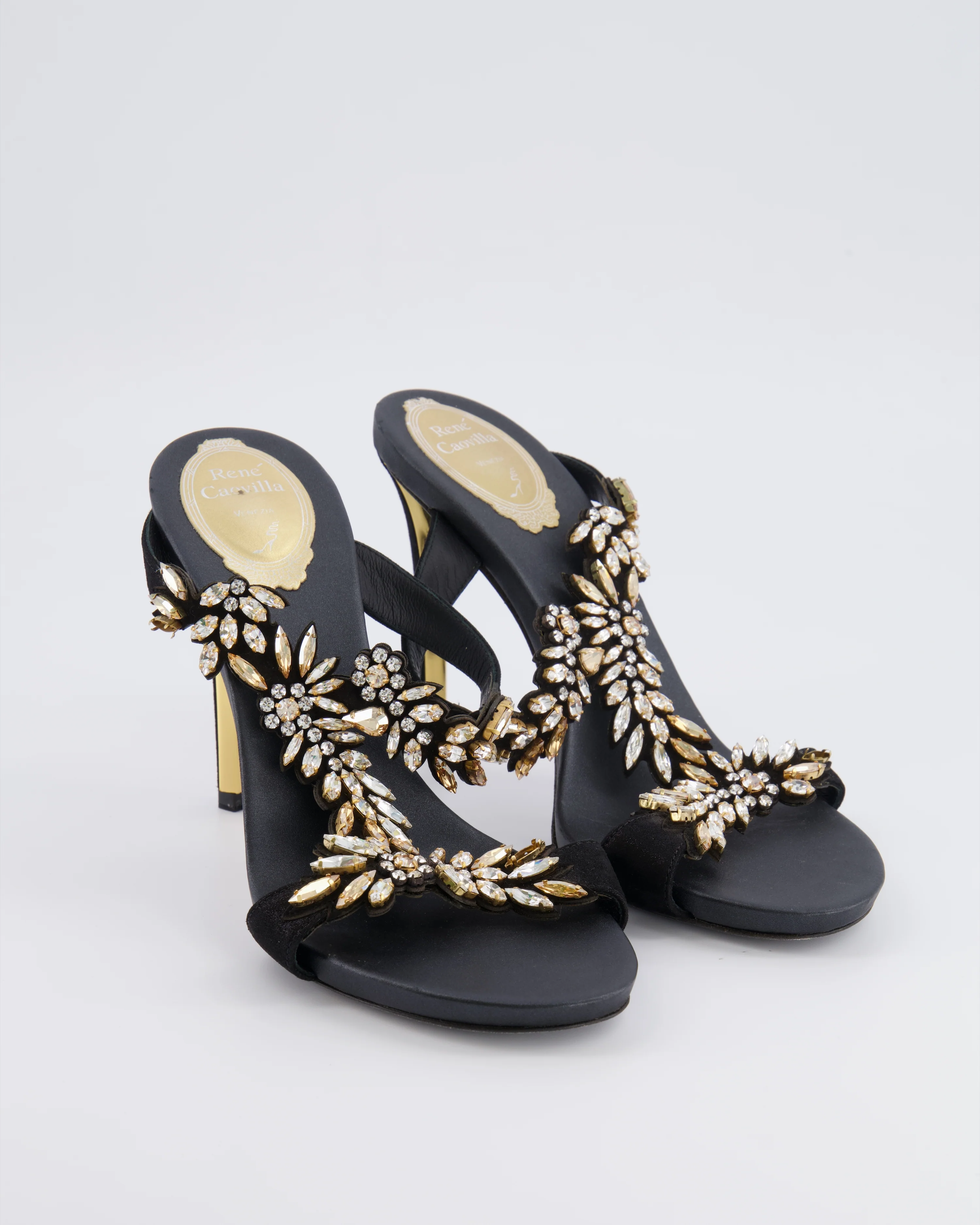 Rene Caovilla Black Satin Embellished Heeled Sandals with Champagne and White Crystals Size EU 38.5 - Image 2