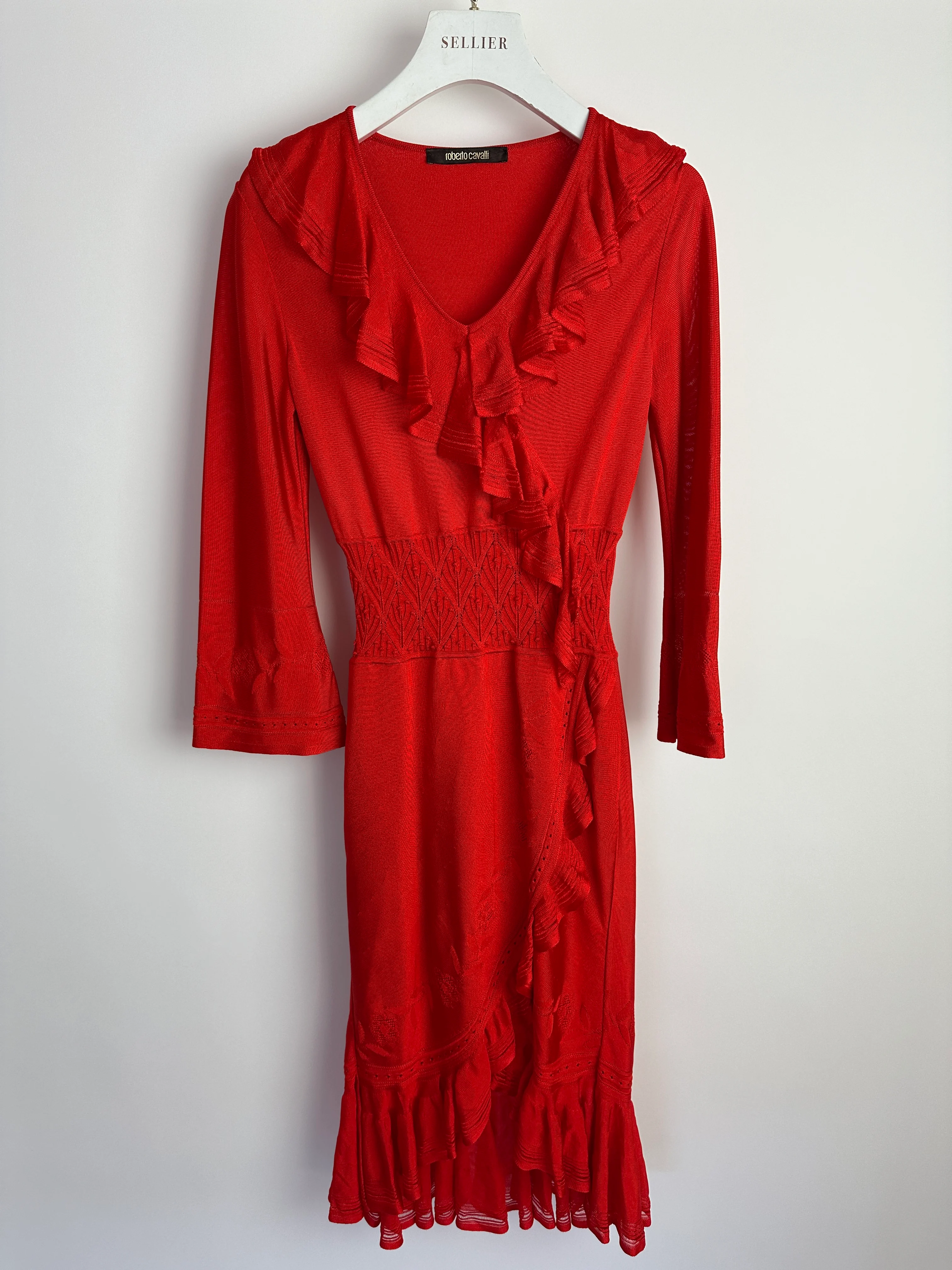Roberto Cavalli Red Long Sleeve Ruched Midi Dress Size IT 38 (UK 6) - Image 4