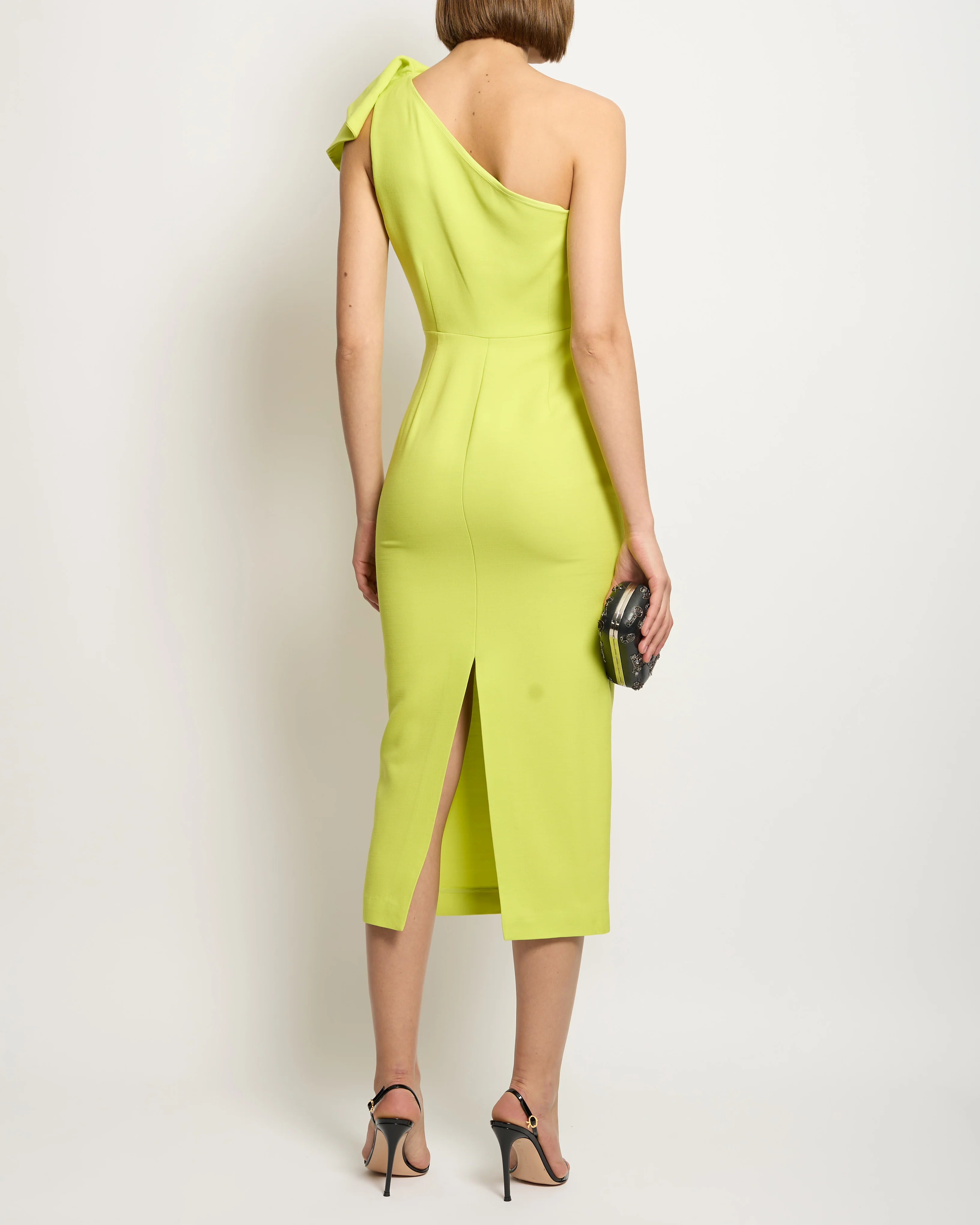 Roland Mouret Lime Green One-Shoulder Midi Dress with Split Metal FR 36 (UK 8) - Image 3