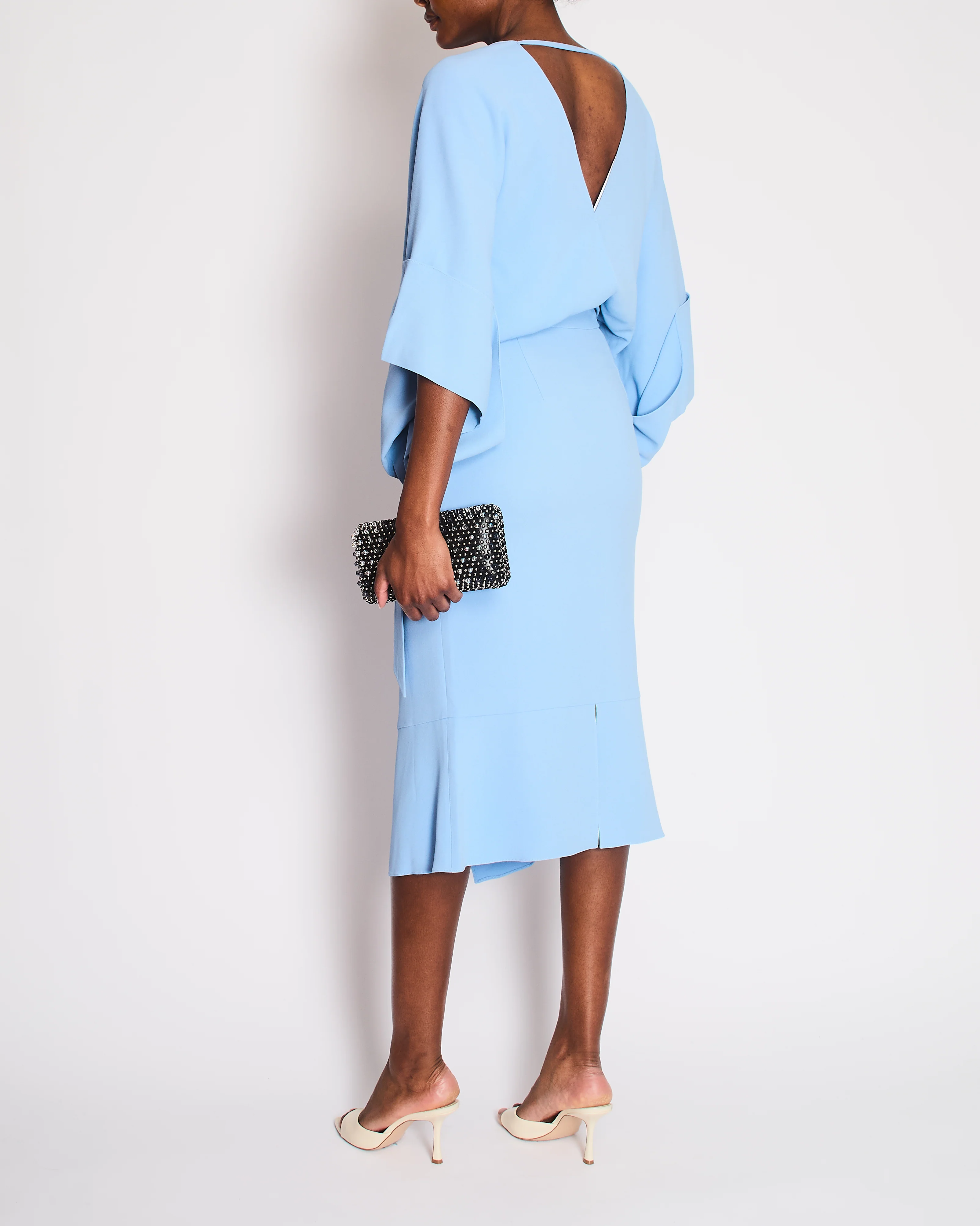 Roland Mouret Pastel Blue Mid Sleeve Midi Dress with Waist Tie Detail Size FR 36 (UK 8) - Image 3