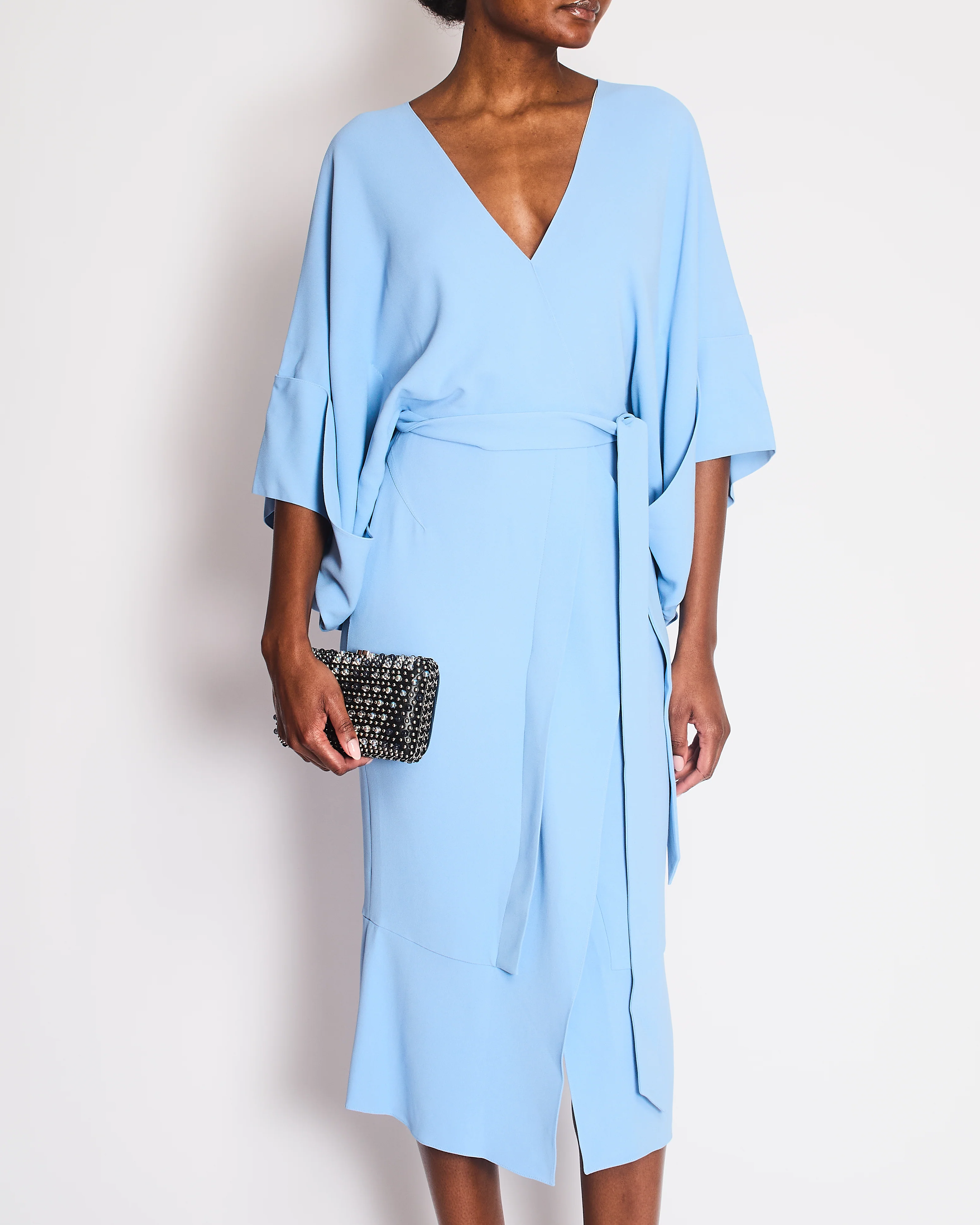 Roland Mouret Pastel Blue Mid Sleeve Midi Dress with Waist Tie Detail Size FR 36 (UK 8) - Image 4