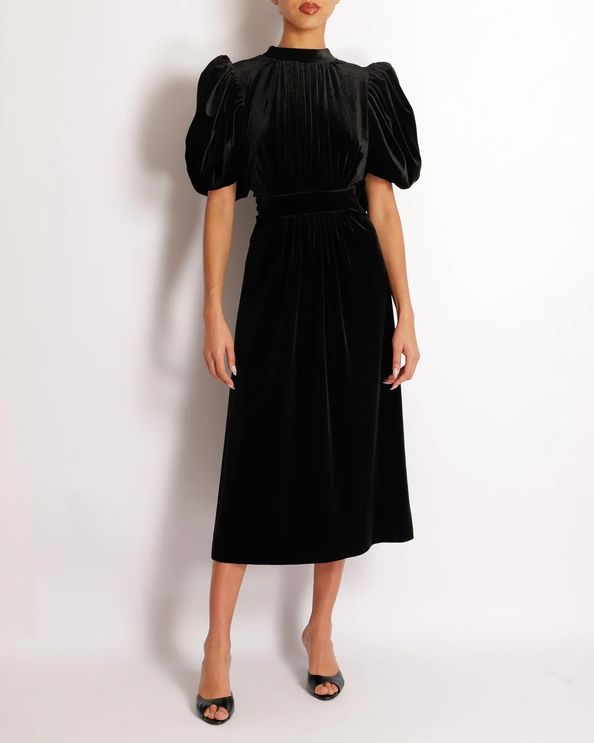 Rotate Black Velours Midi Dress with Puffy Sleeves and Open Back Detail Size FR 42 (UK 14) RRP £500