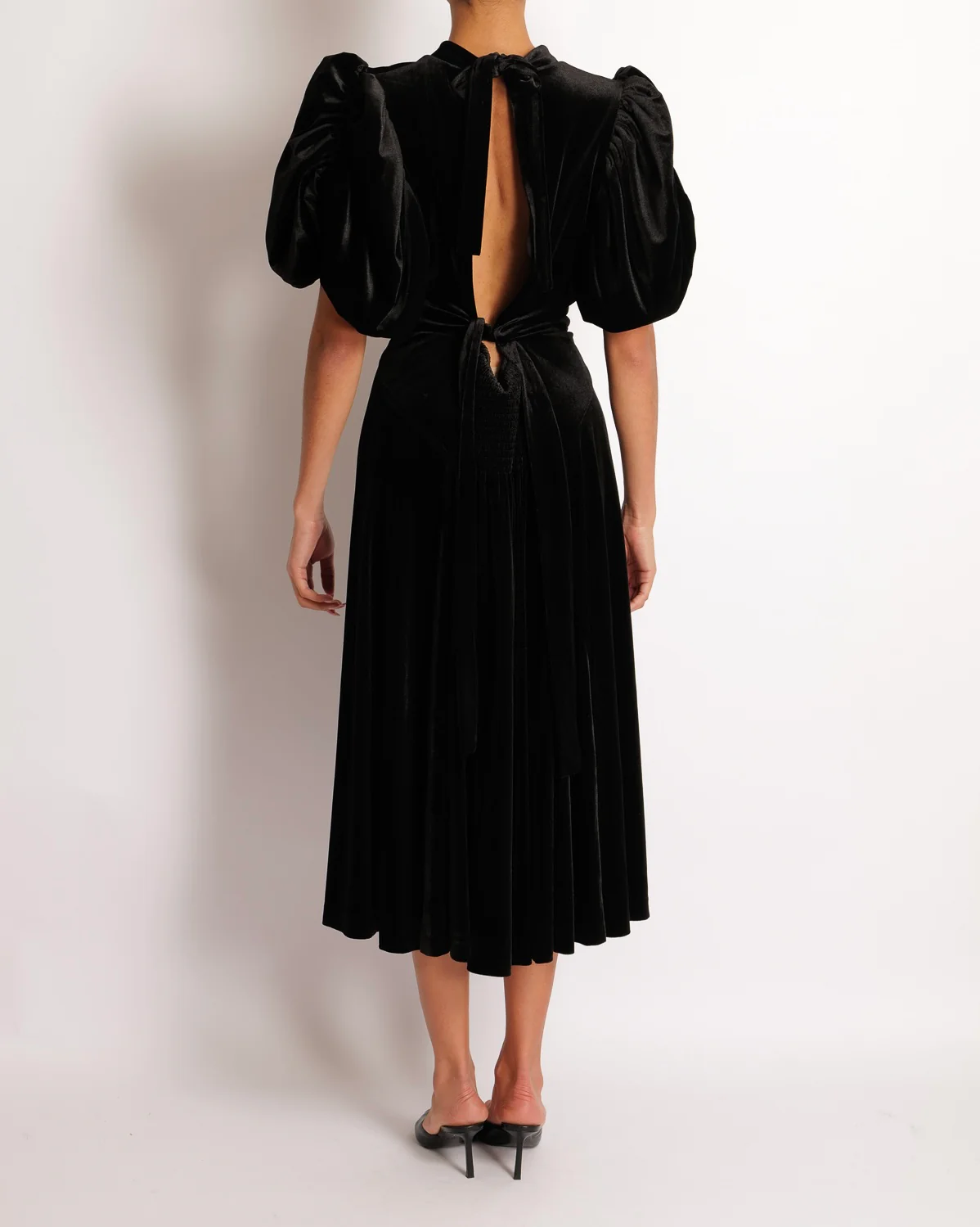 Rotate Black Velours Midi Dress with Puffy Sleeves and Open Back Detail Size FR 42 (UK 14) RRP £500 - Image 3