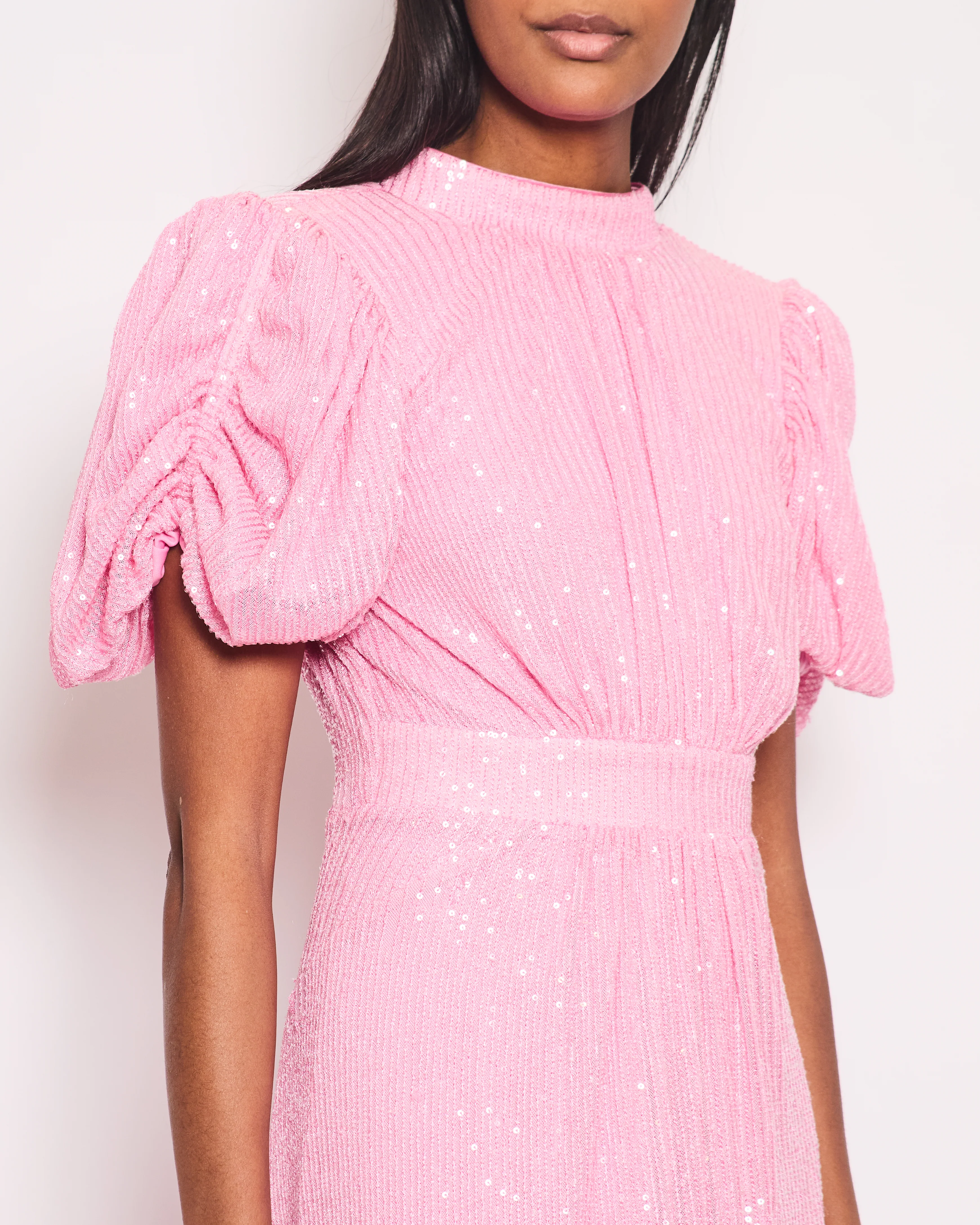 Rotate Pink Sequin Backless Ruched Shoulder Midi Dress Size FR 38 (UK 8) - Image 3
