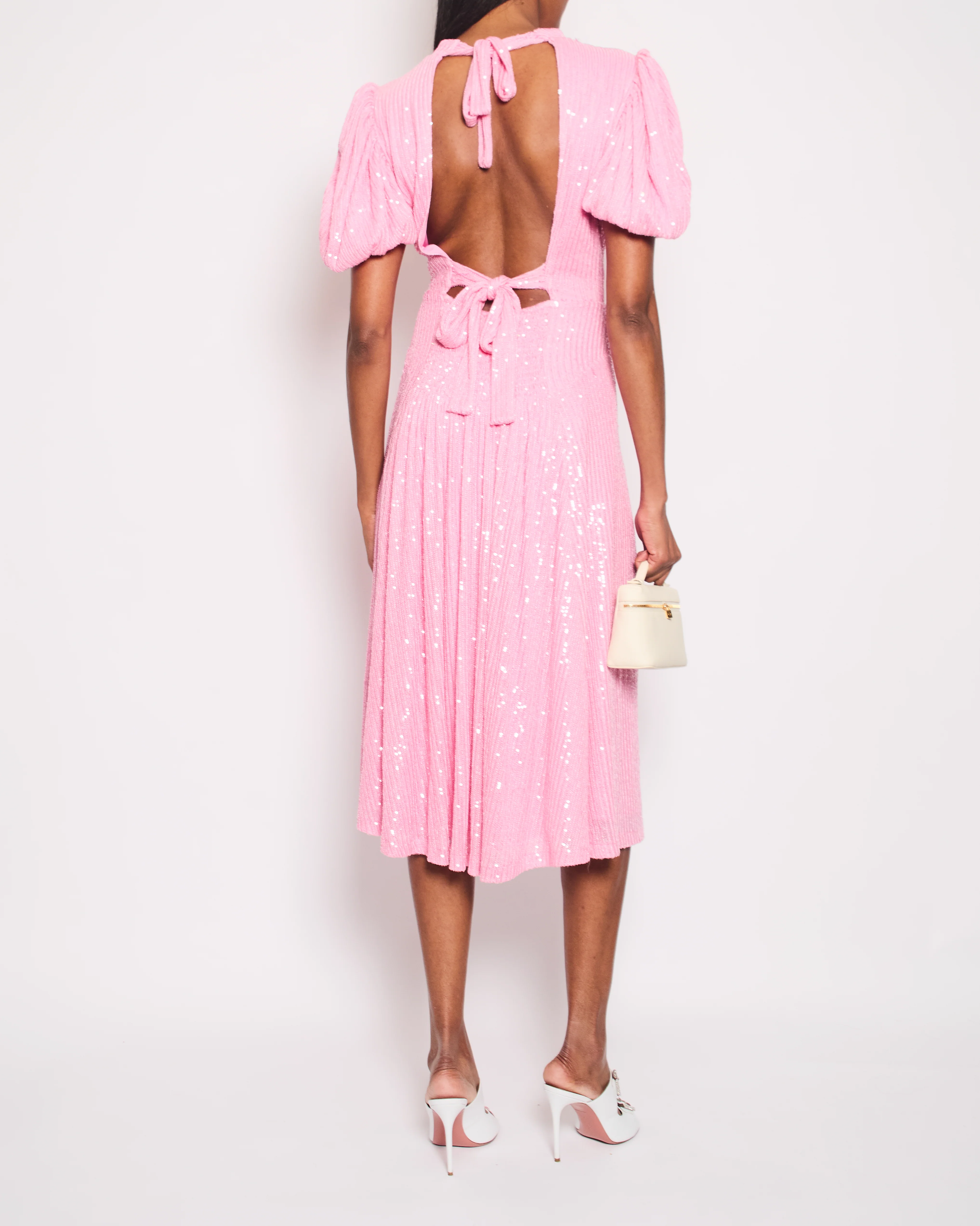 Rotate Pink Sequin Backless Ruched Shoulder Midi Dress Size FR 38 (UK 8) - Image 4
