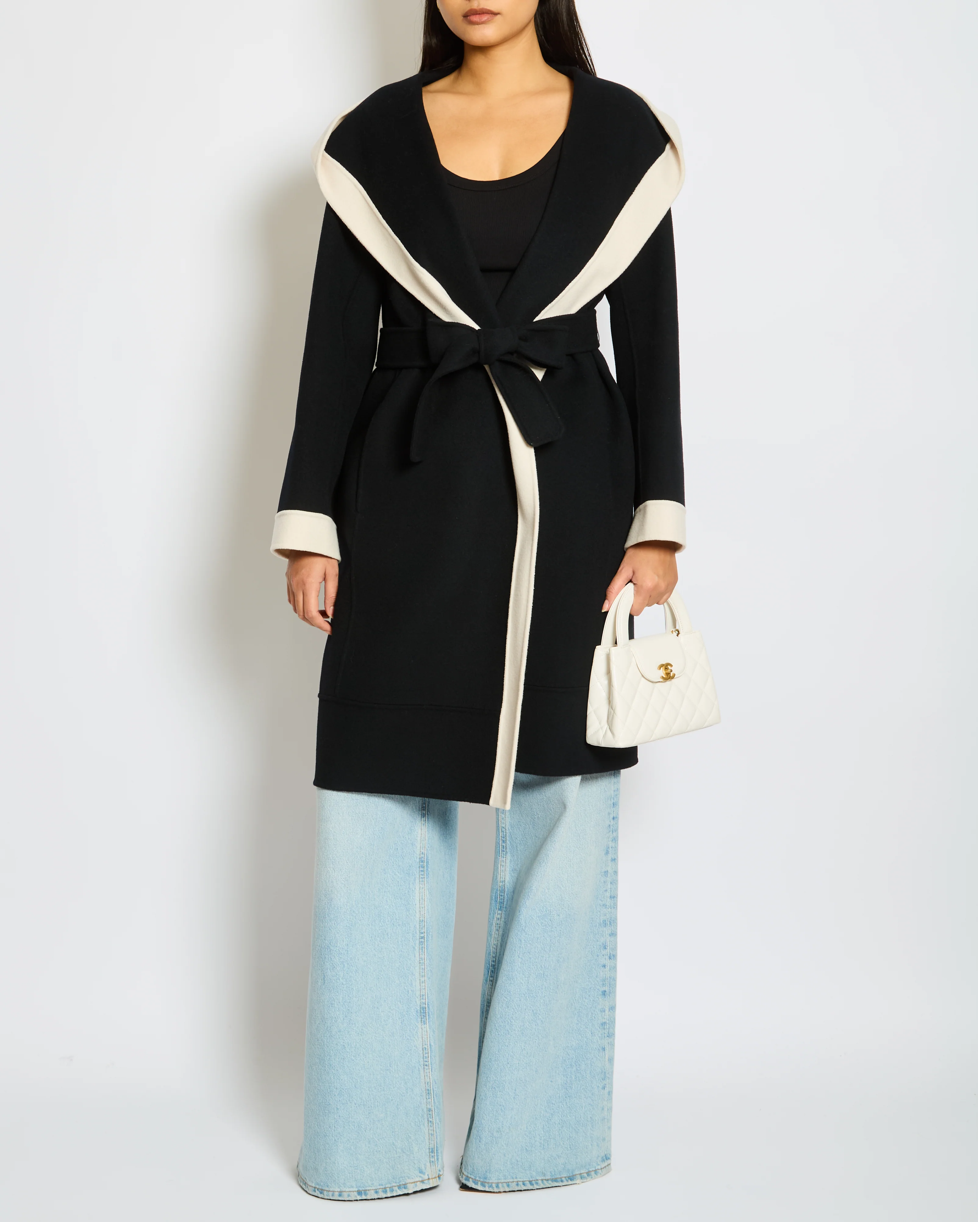S Max Mara Black Hooded Wool Coat with Belt and White Trim Detail Size IT 40 (UK 8)