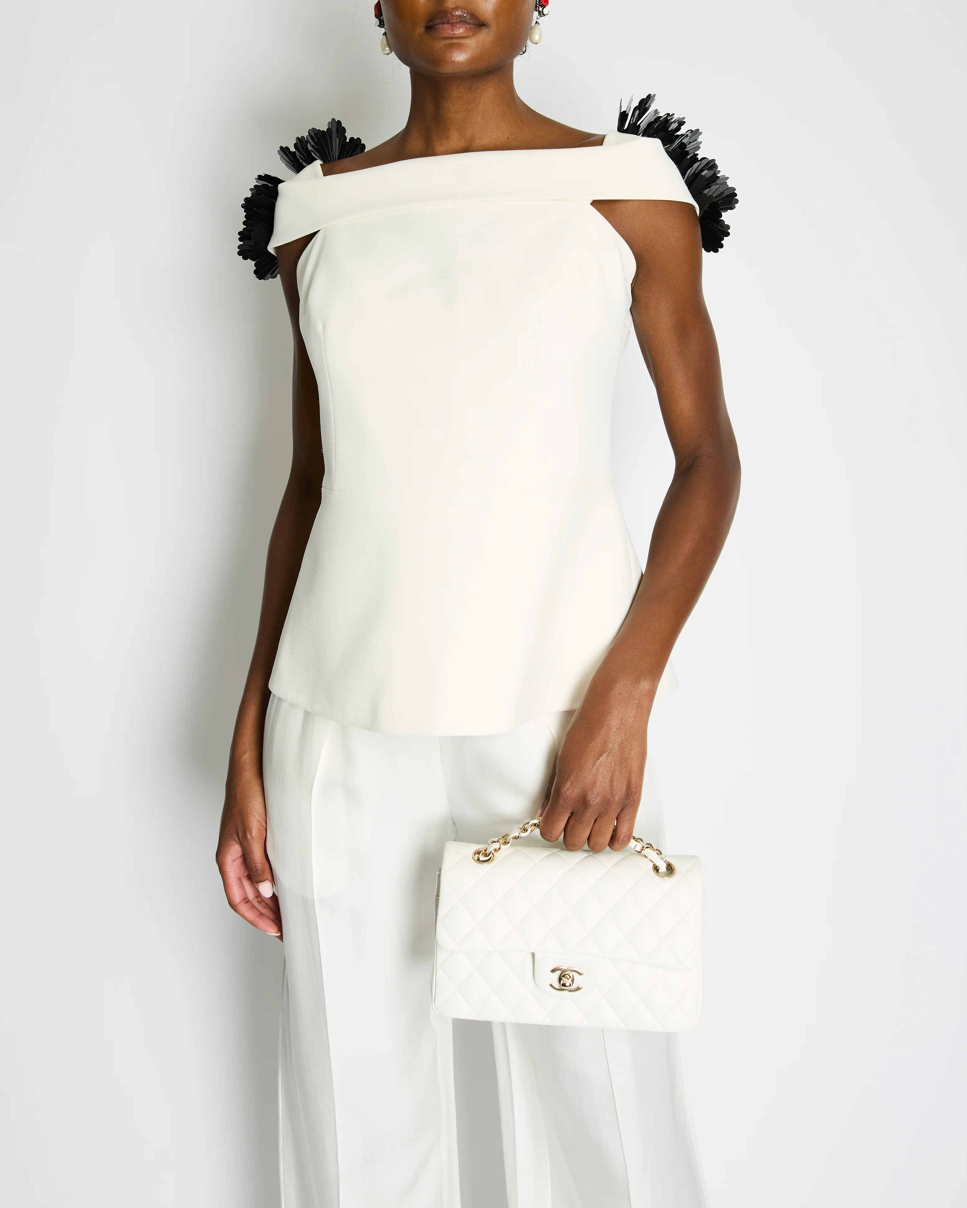 Safiyaa White Off Shoulder Top with Black Floral Embellishment Detail Size UK 14