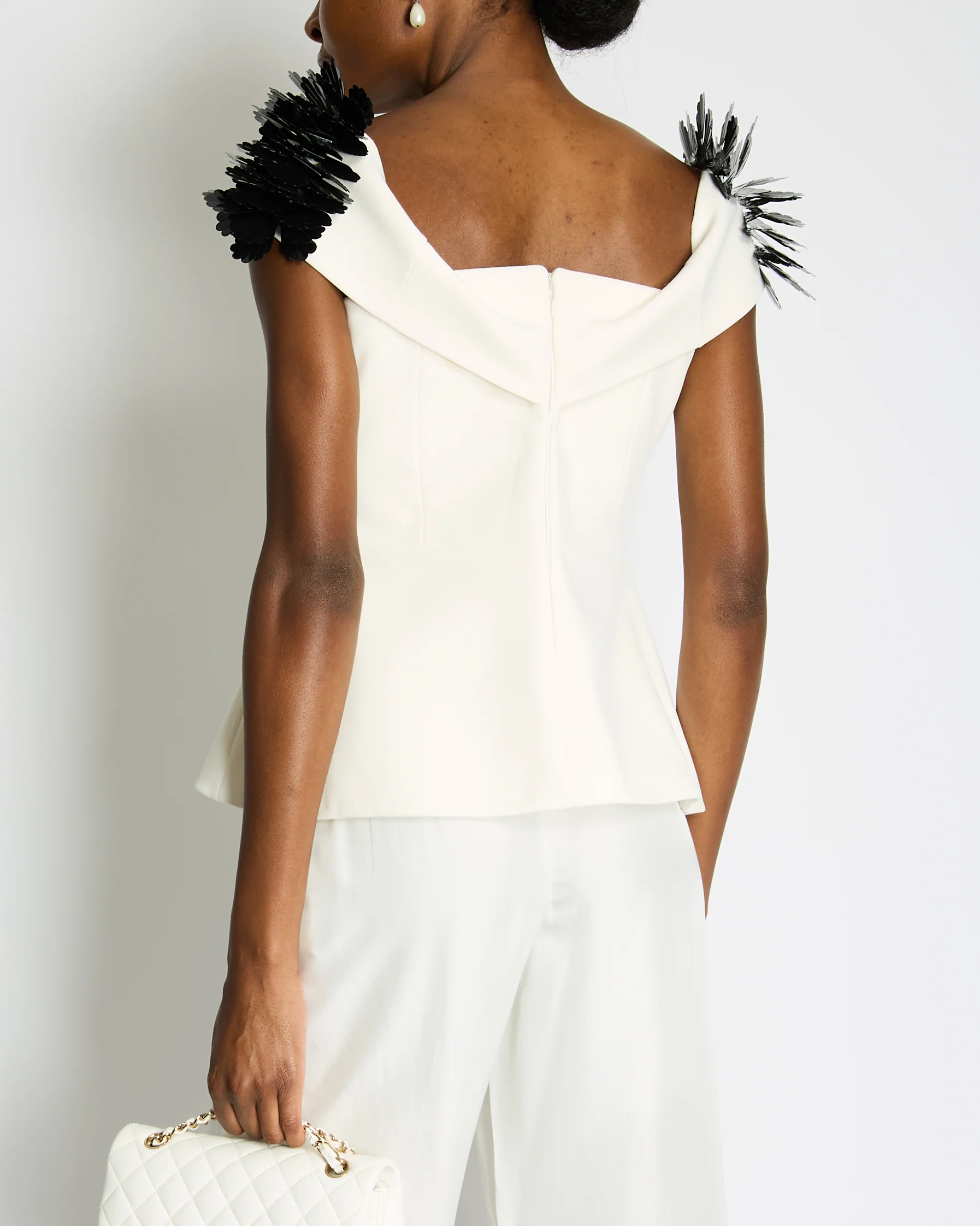 Safiyaa White Off Shoulder Top with Black Floral Embellishment Detail Size UK 14 - Image 2