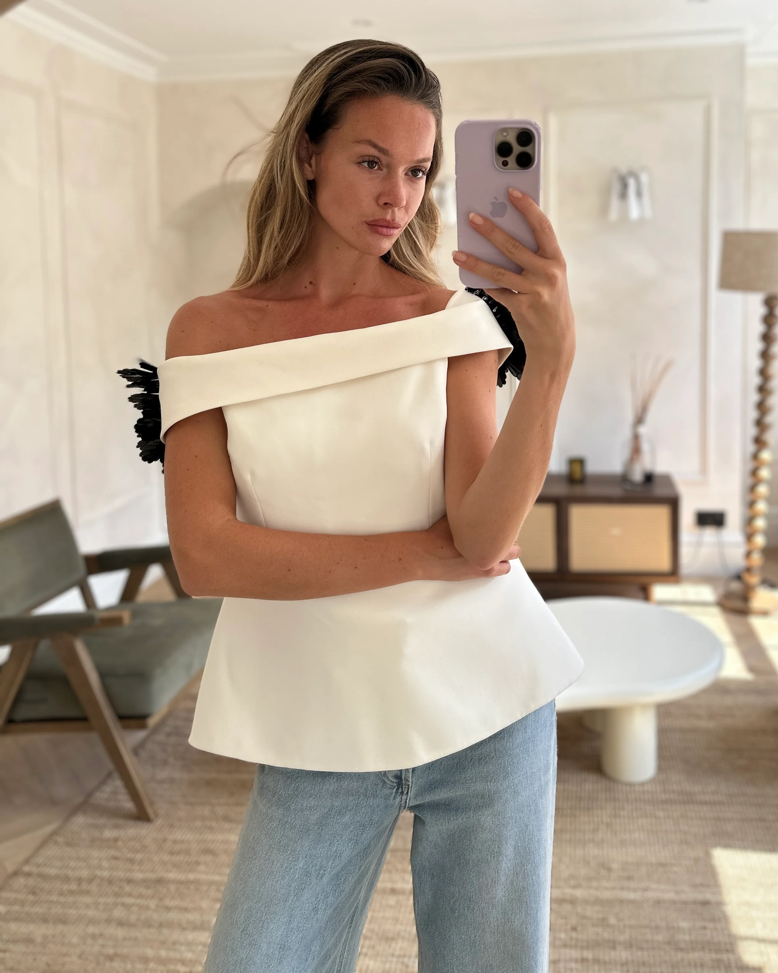 Safiyaa White Off Shoulder Top with Black Floral Embellishment Detail Size UK 14 - Image 6