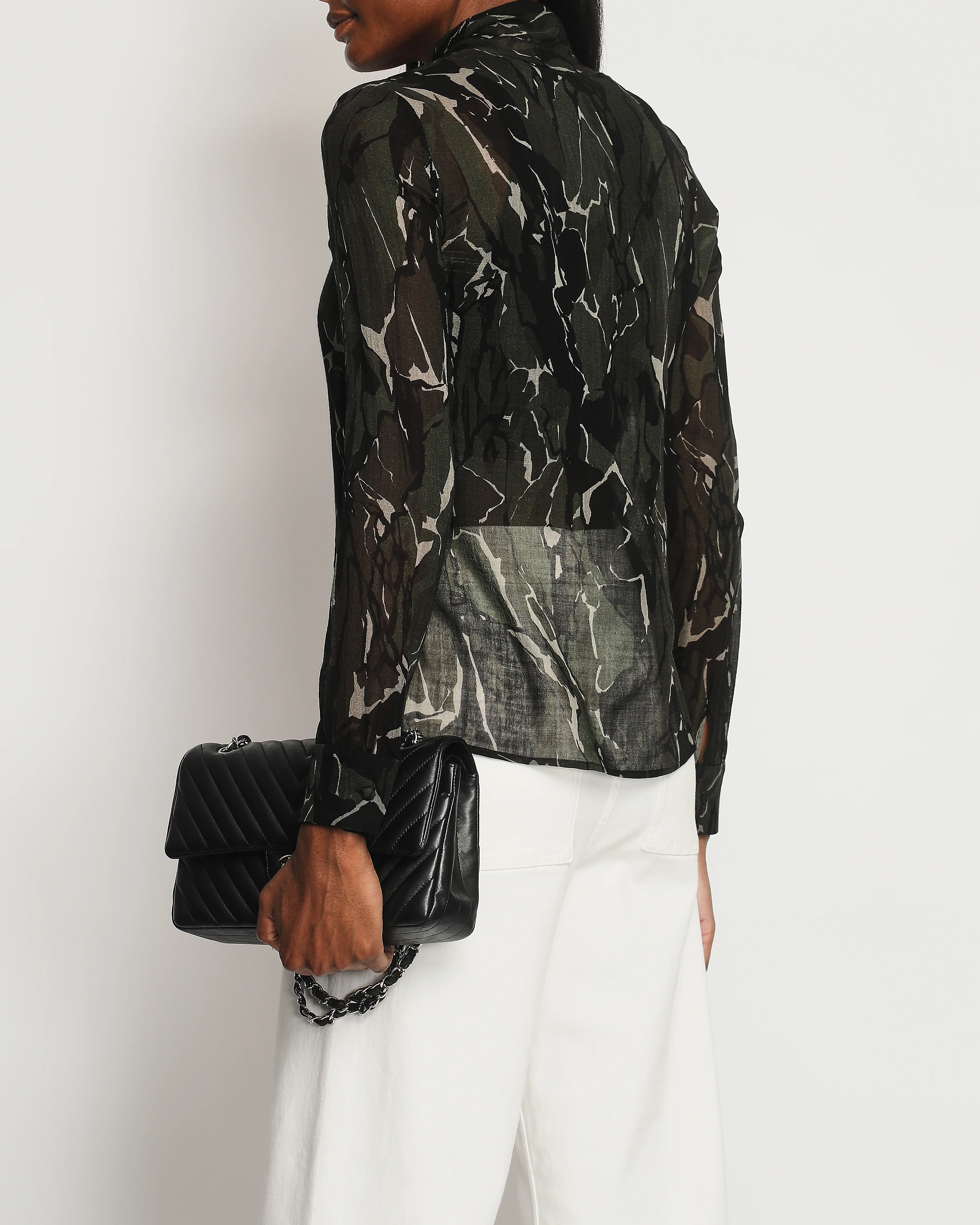 Saint Laurent Black and Deep Green Marble Print Sheer Virgin Wool Shirt Size FR 36 (UK 8) - Image 2