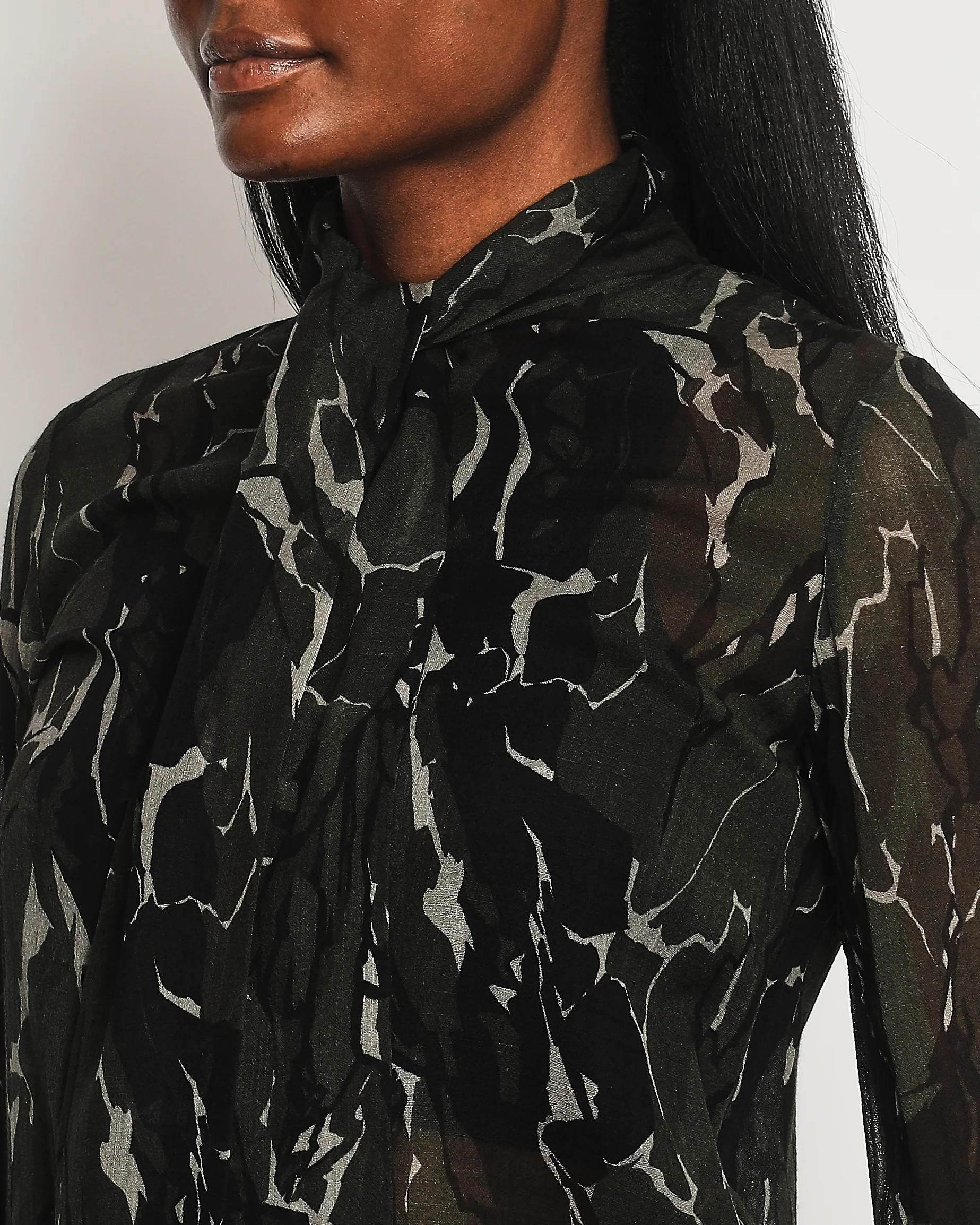 Saint Laurent Black and Deep Green Marble Print Sheer Virgin Wool Shirt Size FR 36 (UK 8) - Image 3