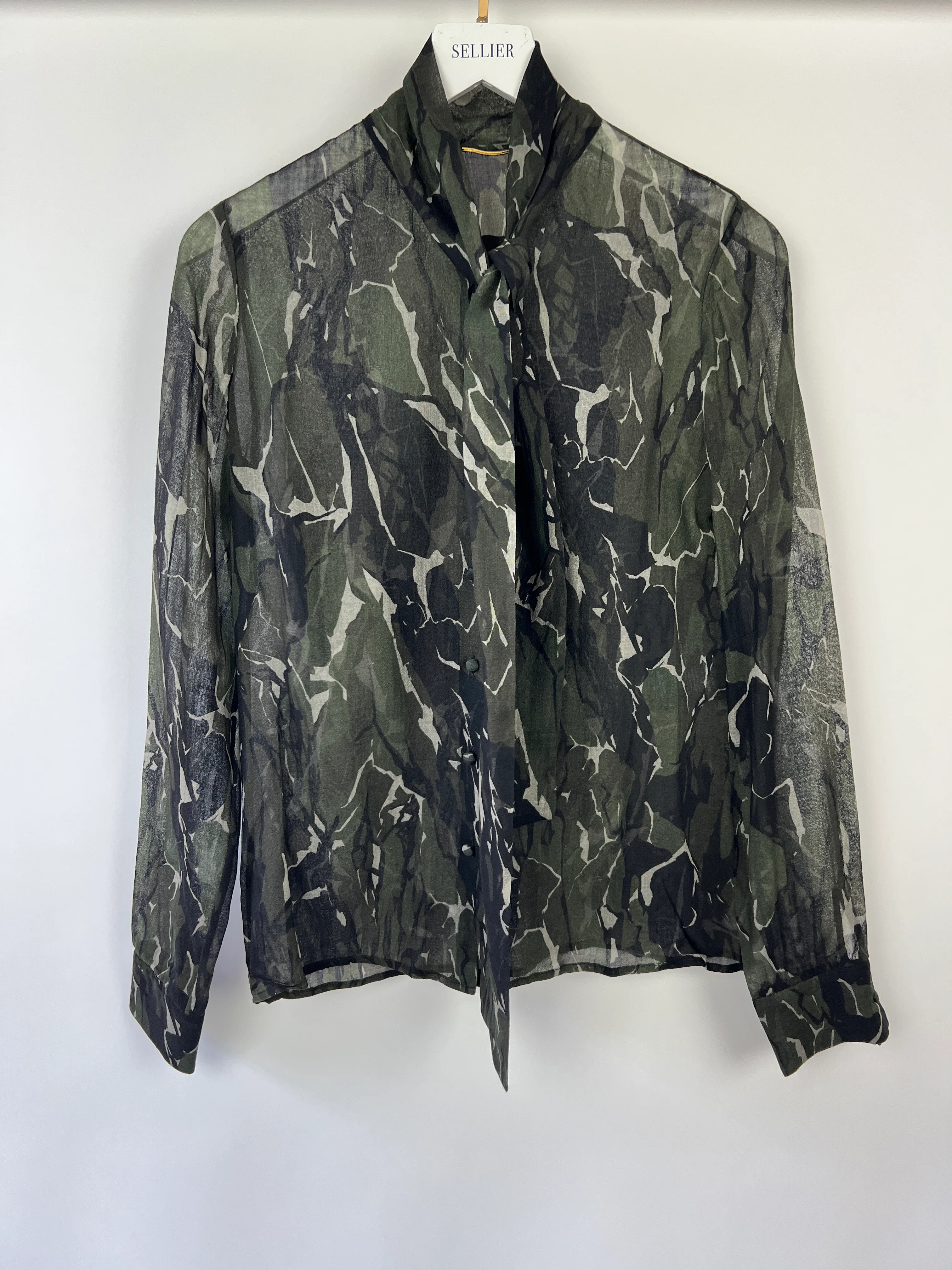 Saint Laurent Black and Deep Green Marble Print Sheer Virgin Wool Shirt Size FR 36 (UK 8) - Image 5