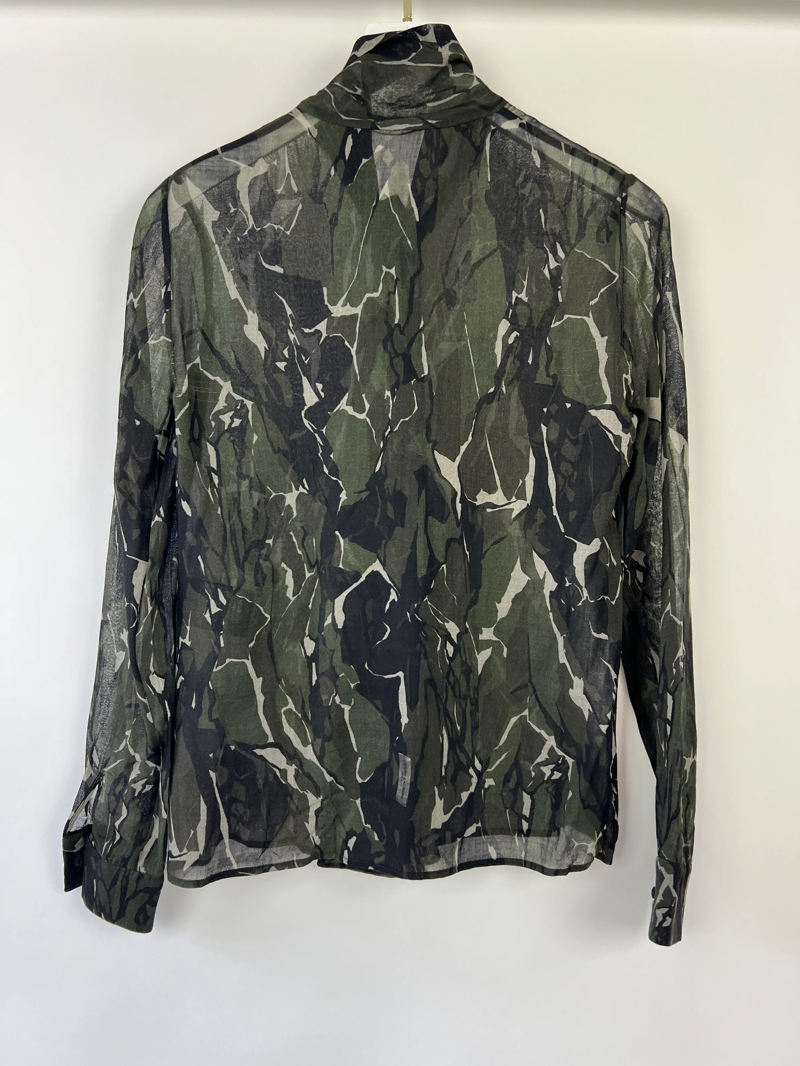 Saint Laurent Black and Deep Green Marble Print Sheer Virgin Wool Shirt Size FR 36 (UK 8) - Image 6