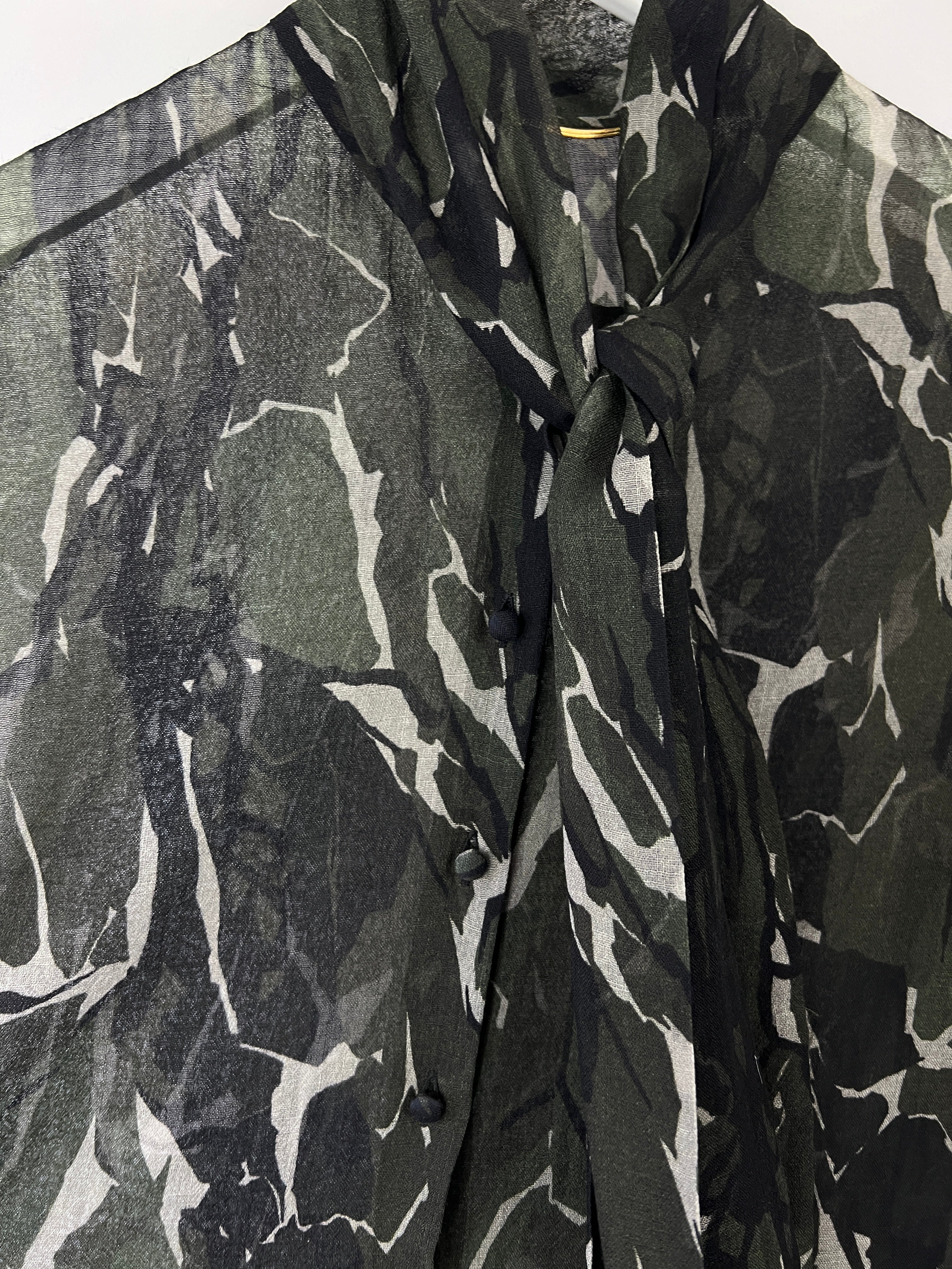 Saint Laurent Black and Deep Green Marble Print Sheer Virgin Wool Shirt Size FR 36 (UK 8) - Image 7