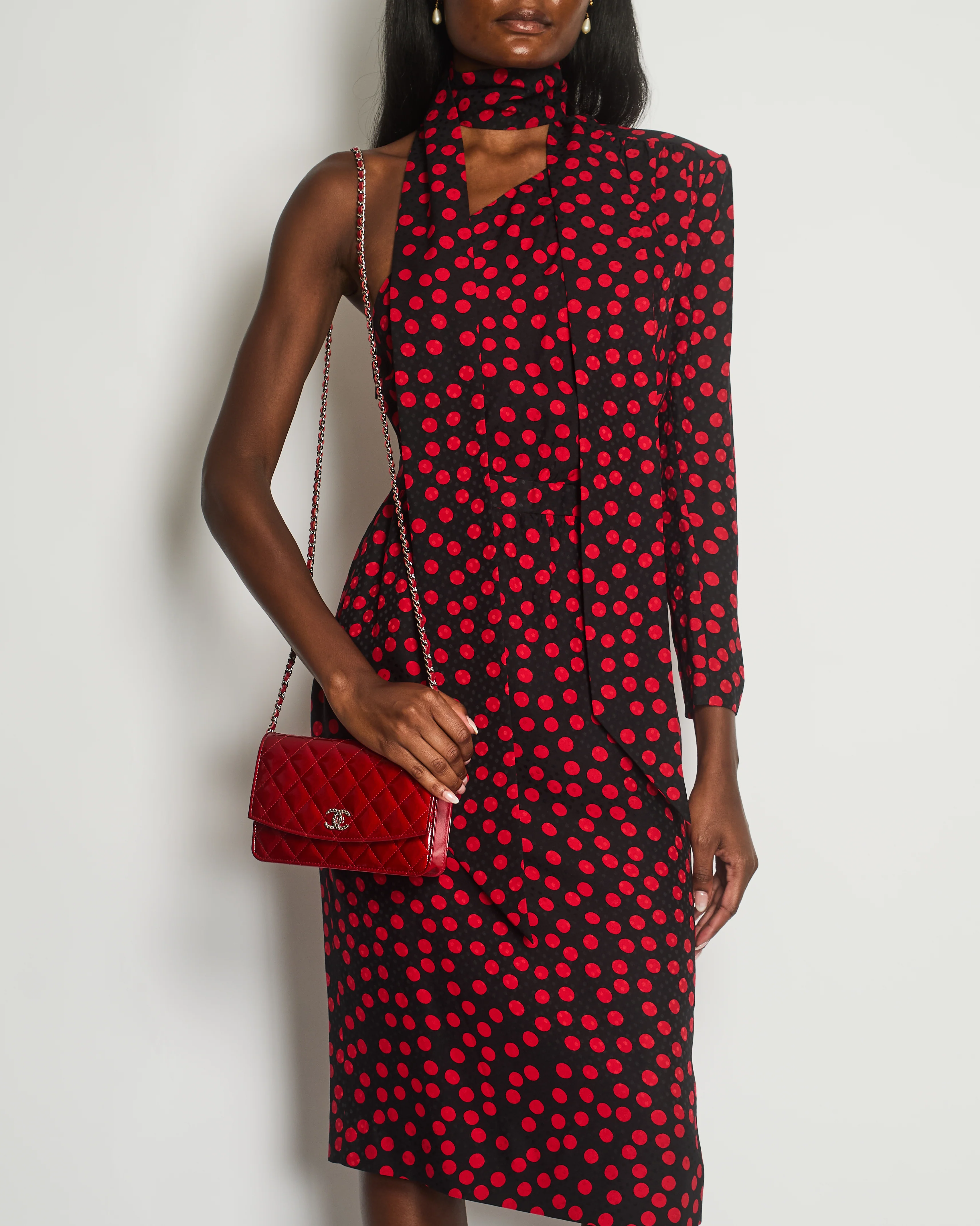 Saint Laurent Black, Red Polkadot Silk Off-Shoulder Midi Dress With Scarf Size FR 40 (UK 12) - Image 3