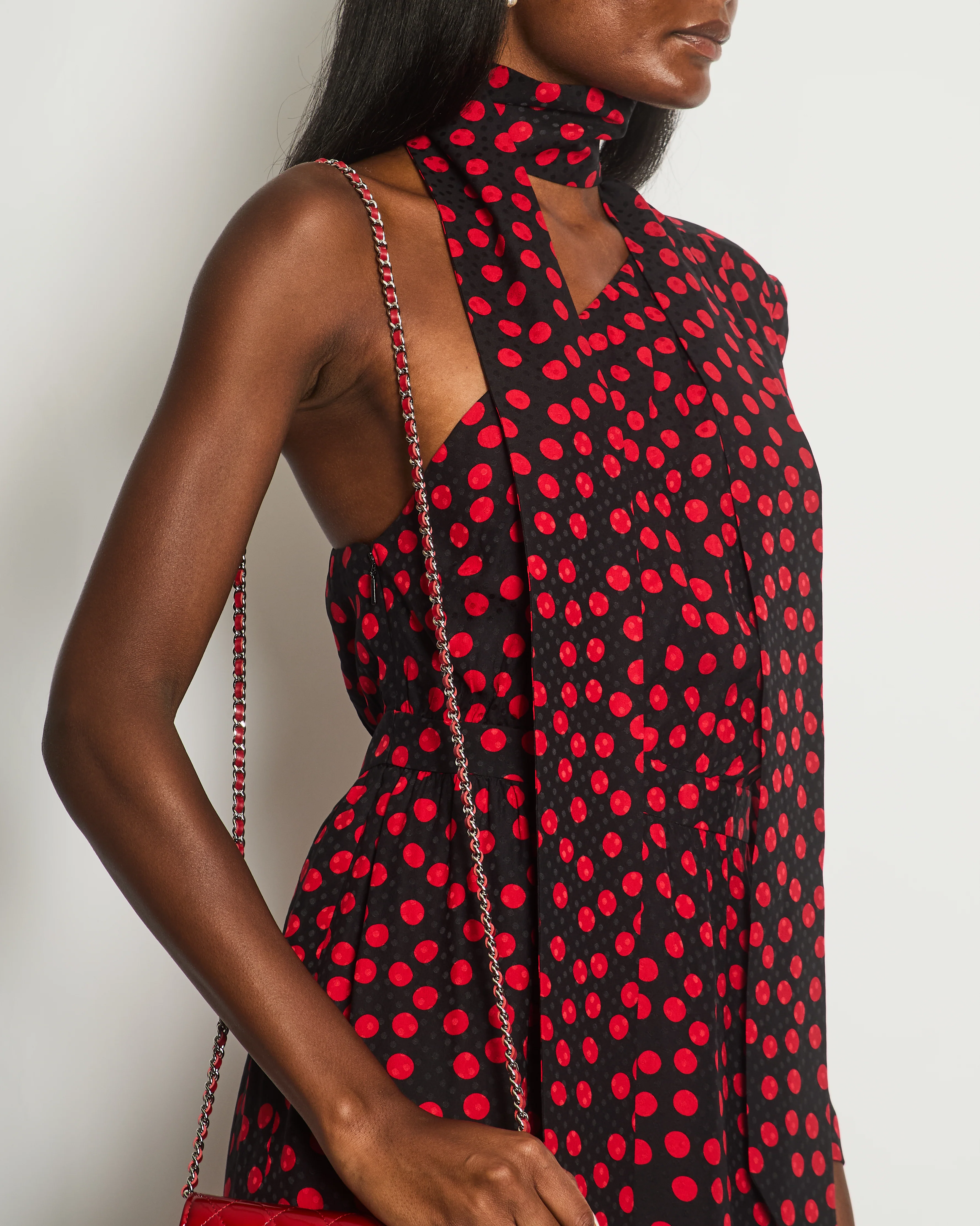 Saint Laurent Black, Red Polkadot Silk Off-Shoulder Midi Dress With Scarf Size FR 40 (UK 12) - Image 4