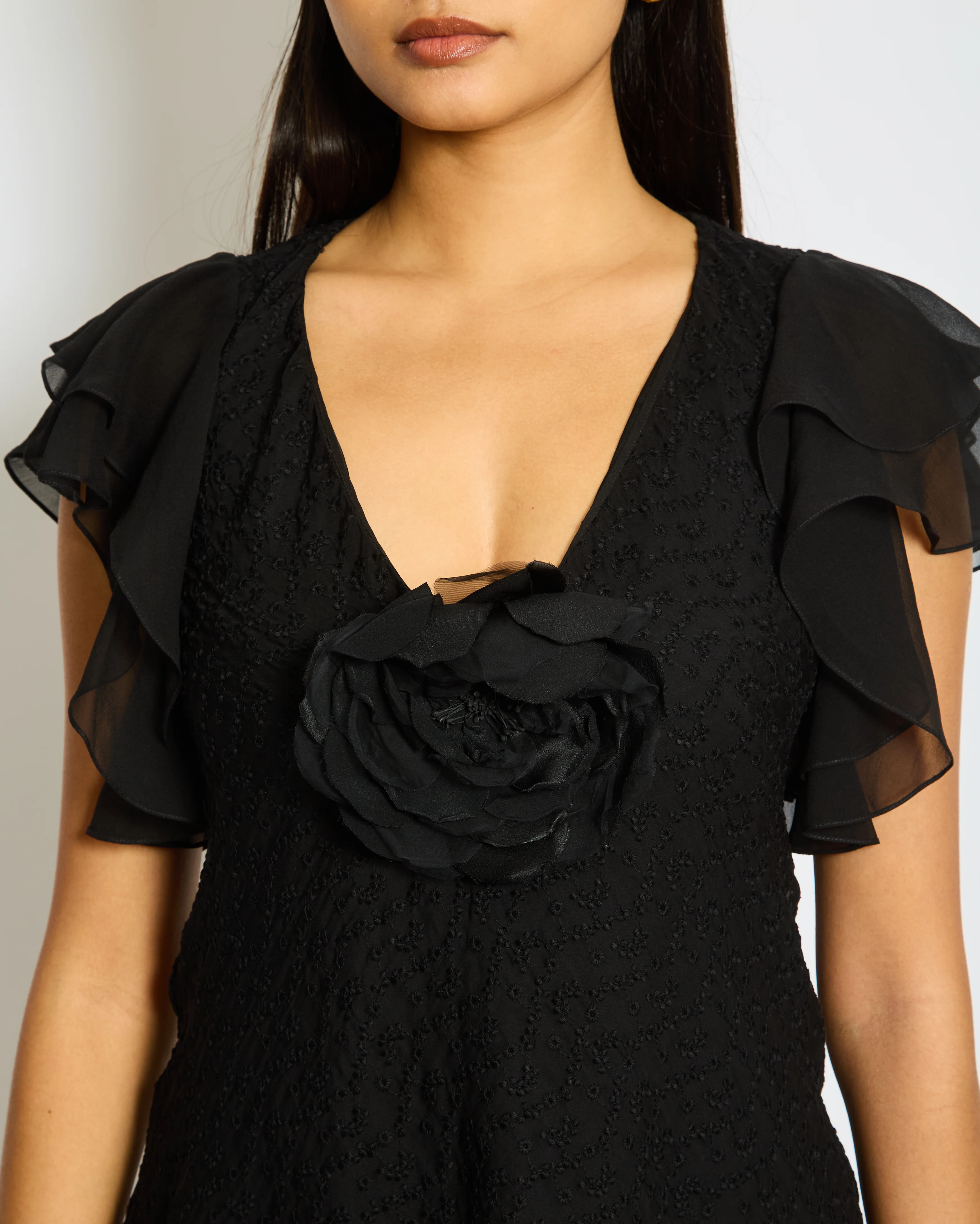 Saint Laurent Black Floral Embroidered Mini Dress with Silk Ruffled Sleeve Detail and Flower FR 34 (UK 6) - Image 2