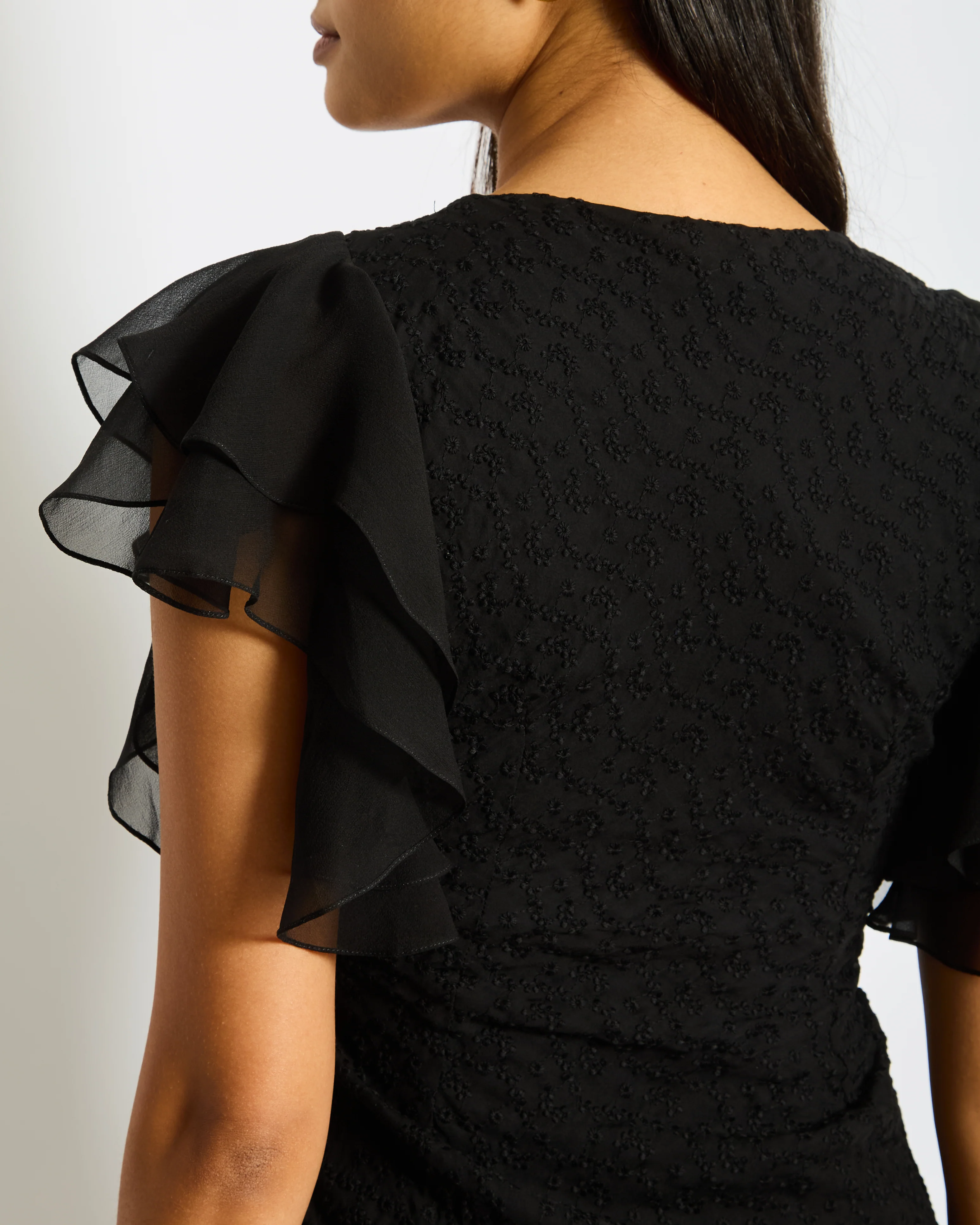 Saint Laurent Black Floral Embroidered Mini Dress with Silk Ruffled Sleeve Detail and Flower FR 34 (UK 6) - Image 3