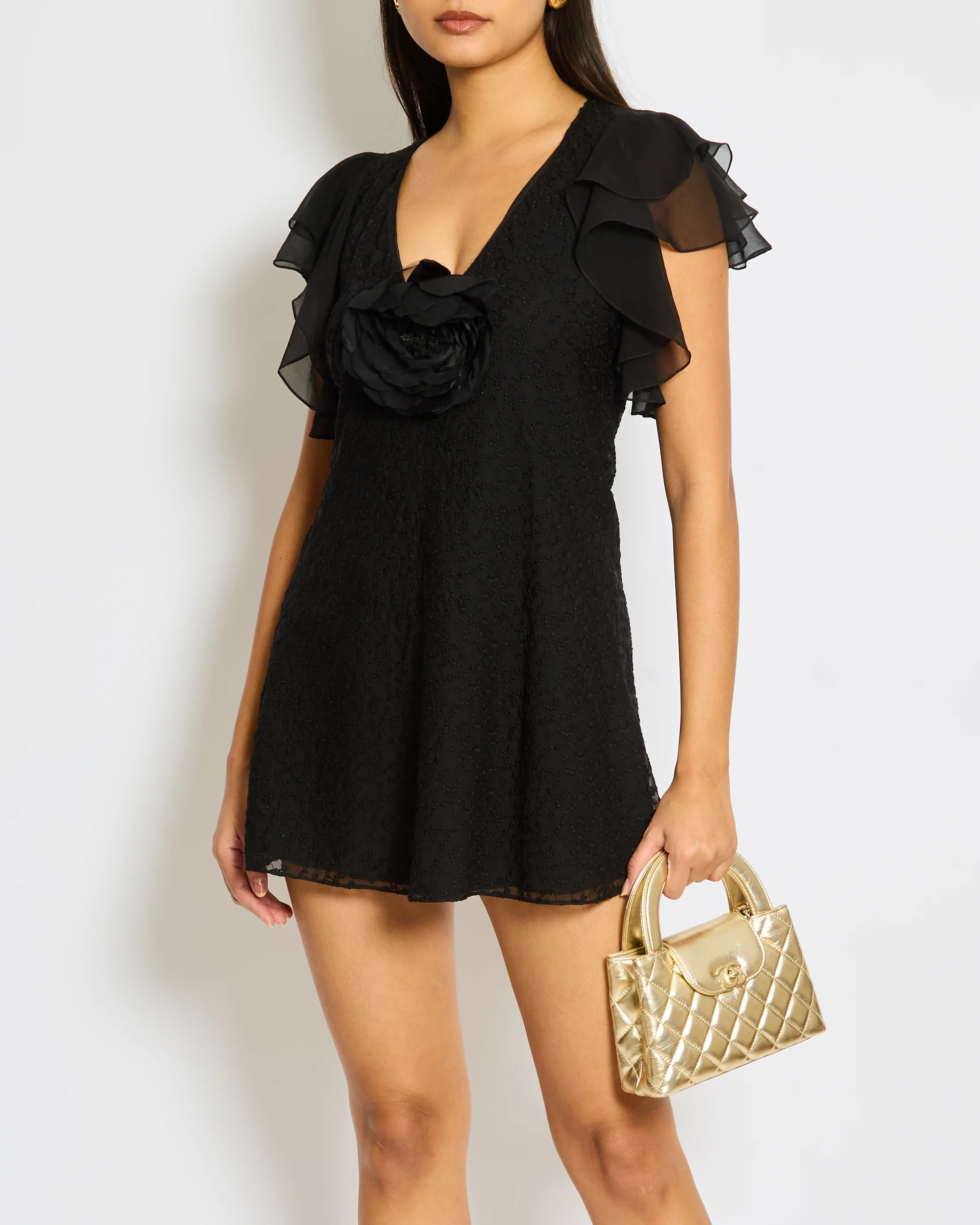Saint Laurent Black Floral Embroidered Mini Dress with Silk Ruffled Sleeve Detail and Flower FR 34 (UK 6) - Image 5