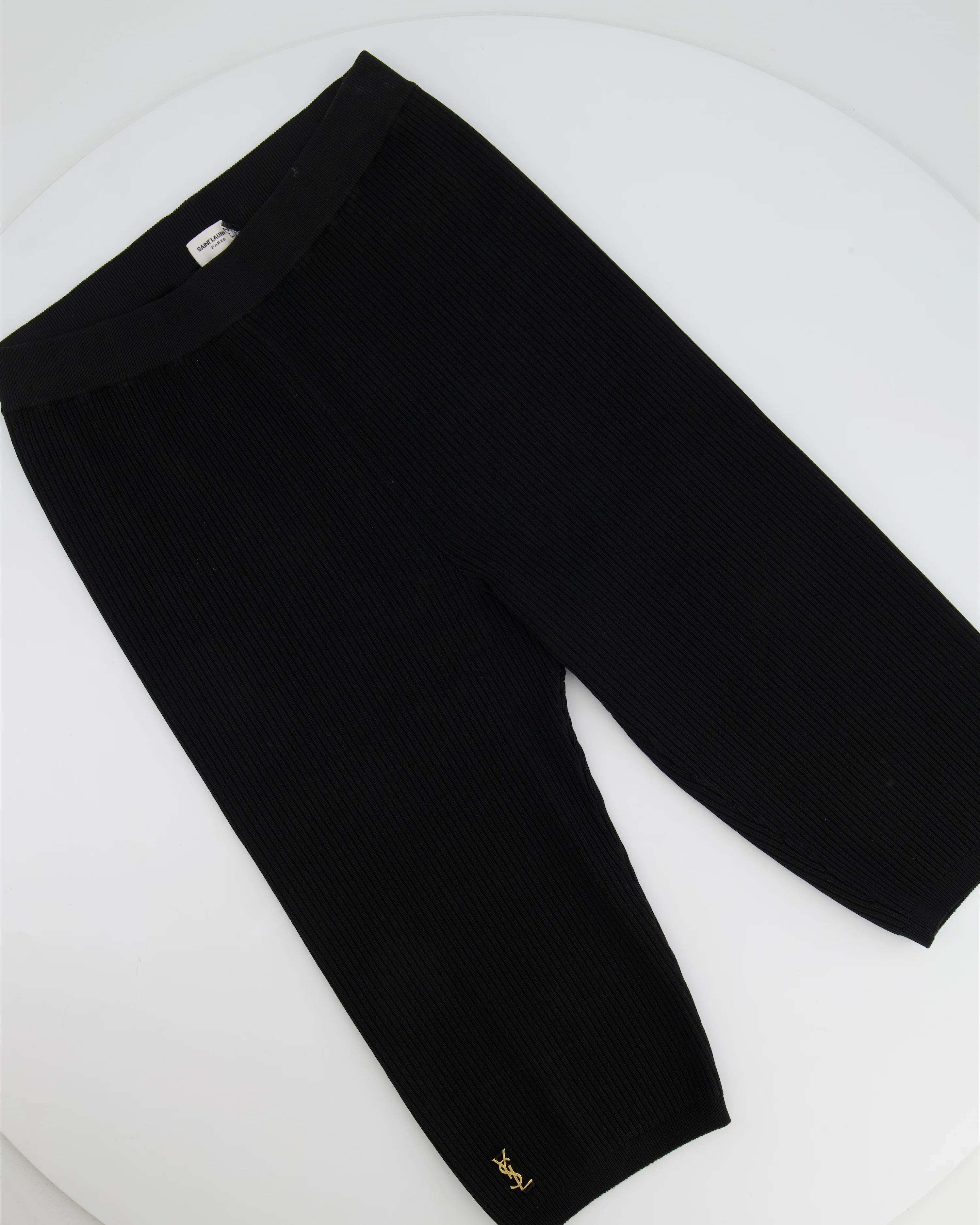 Saint Laurent Black Ribbed Biker Leggings with Gold YSL Logo Detail Size FR 38 (UK 10) - Image 5