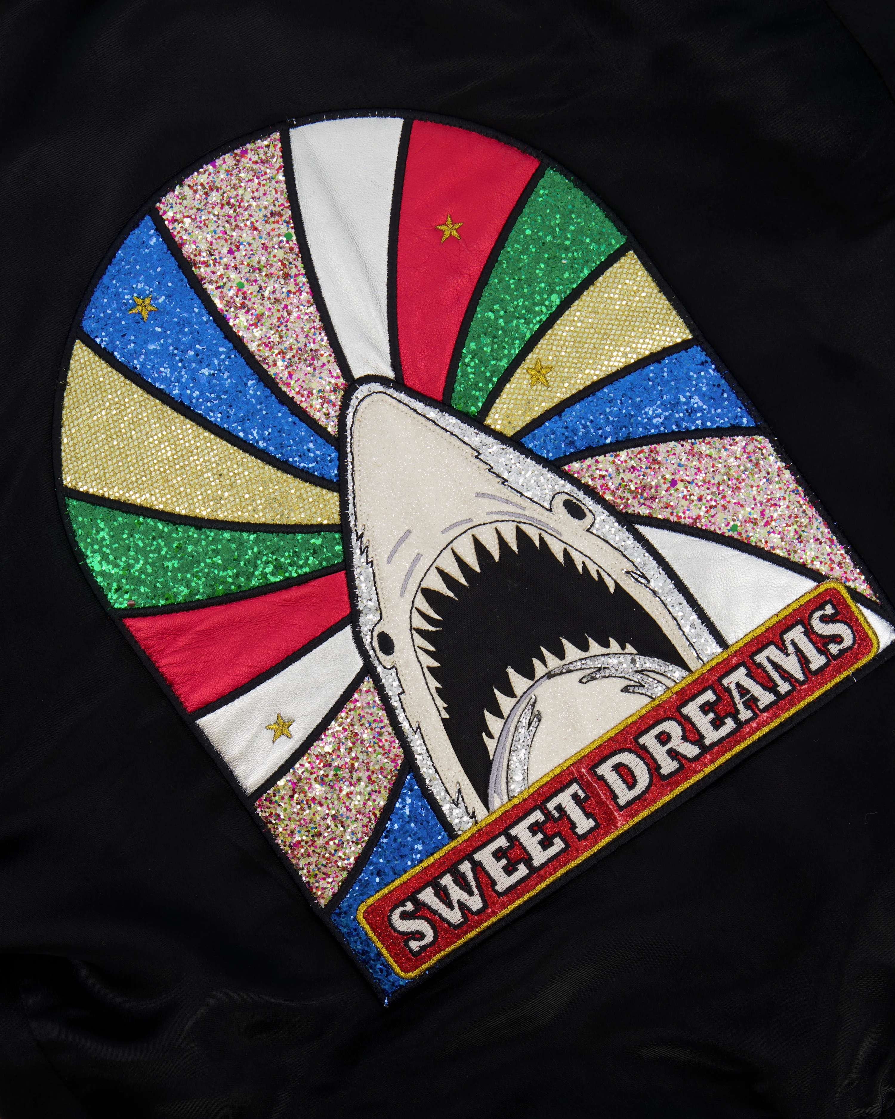 Saint Laurent Black Satin Bomber Jacket with Multicolour Glitter and Leather Shark Detail and "Sweet Dreams" Embroidery Size FR 36 (UK 8) - Image 2