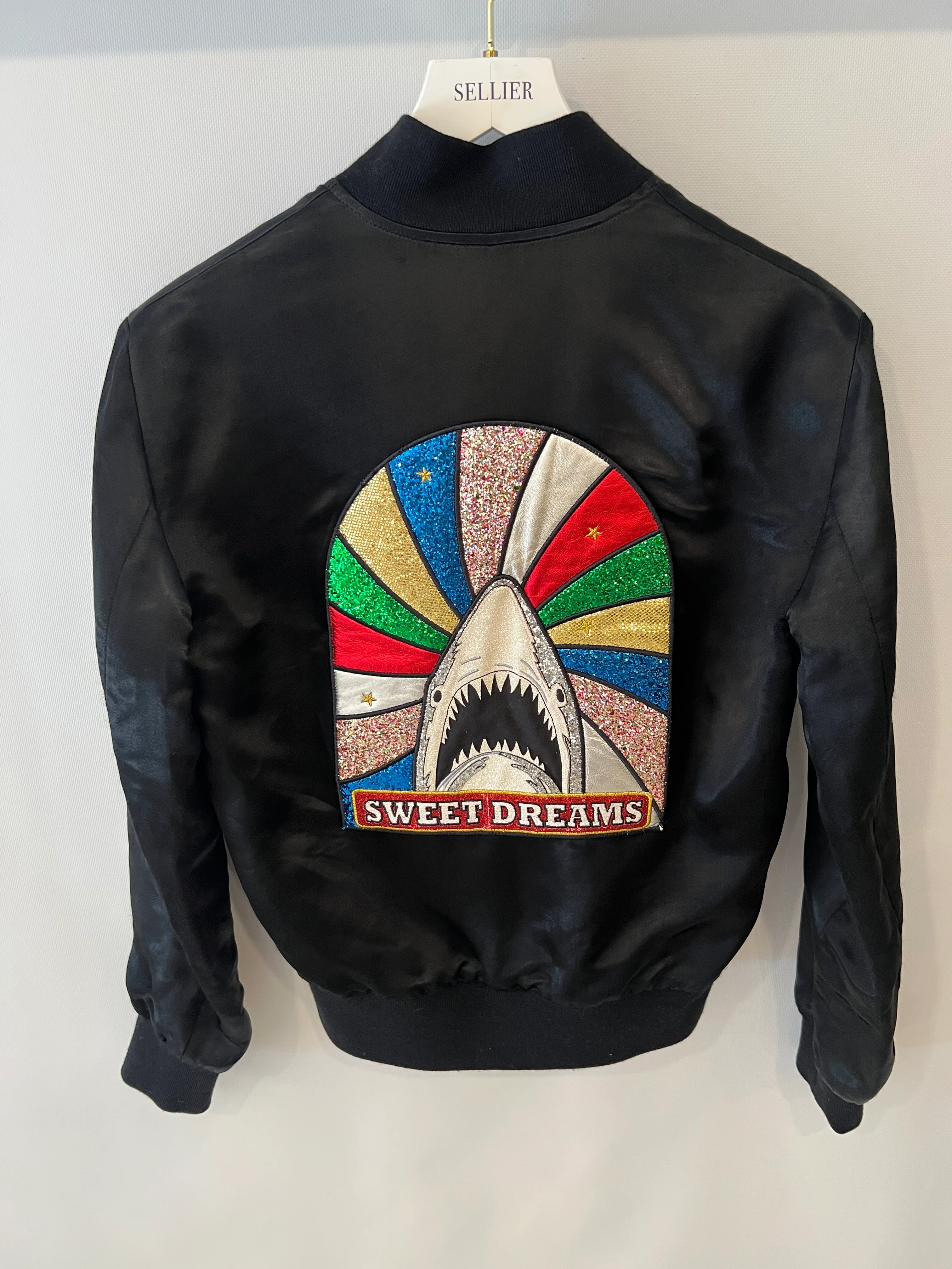 Saint Laurent Black Satin Bomber Jacket with Multicolour Glitter and Leather Shark Detail and "Sweet Dreams" Embroidery Size FR 36 (UK 8) - Image 5