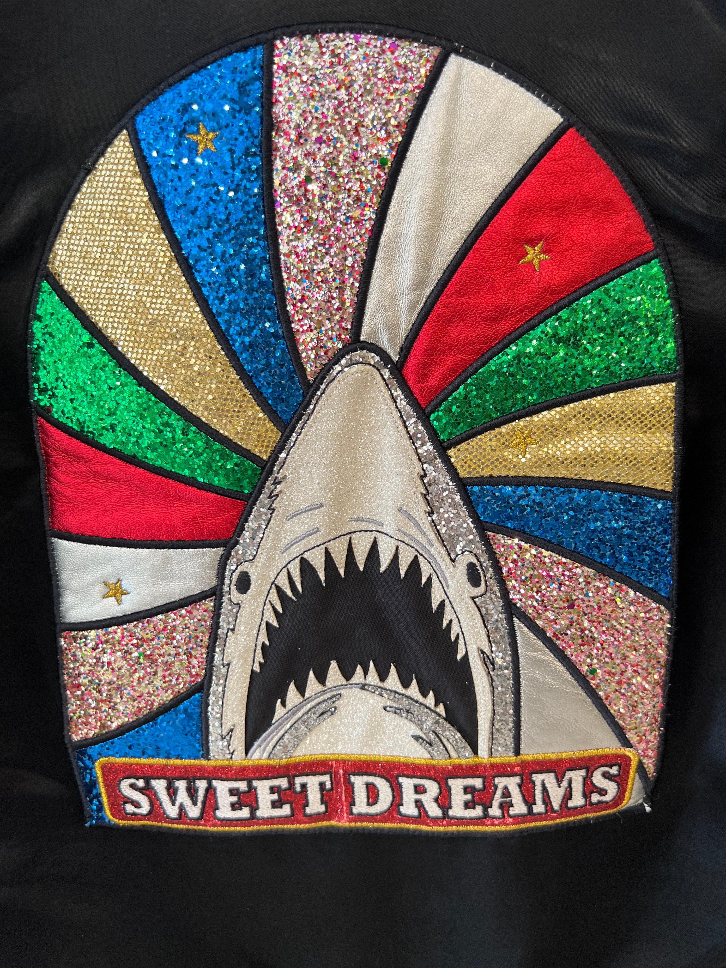 Saint Laurent Black Satin Bomber Jacket with Multicolour Glitter and Leather Shark Detail and "Sweet Dreams" Embroidery Size FR 36 (UK 8) - Image 7