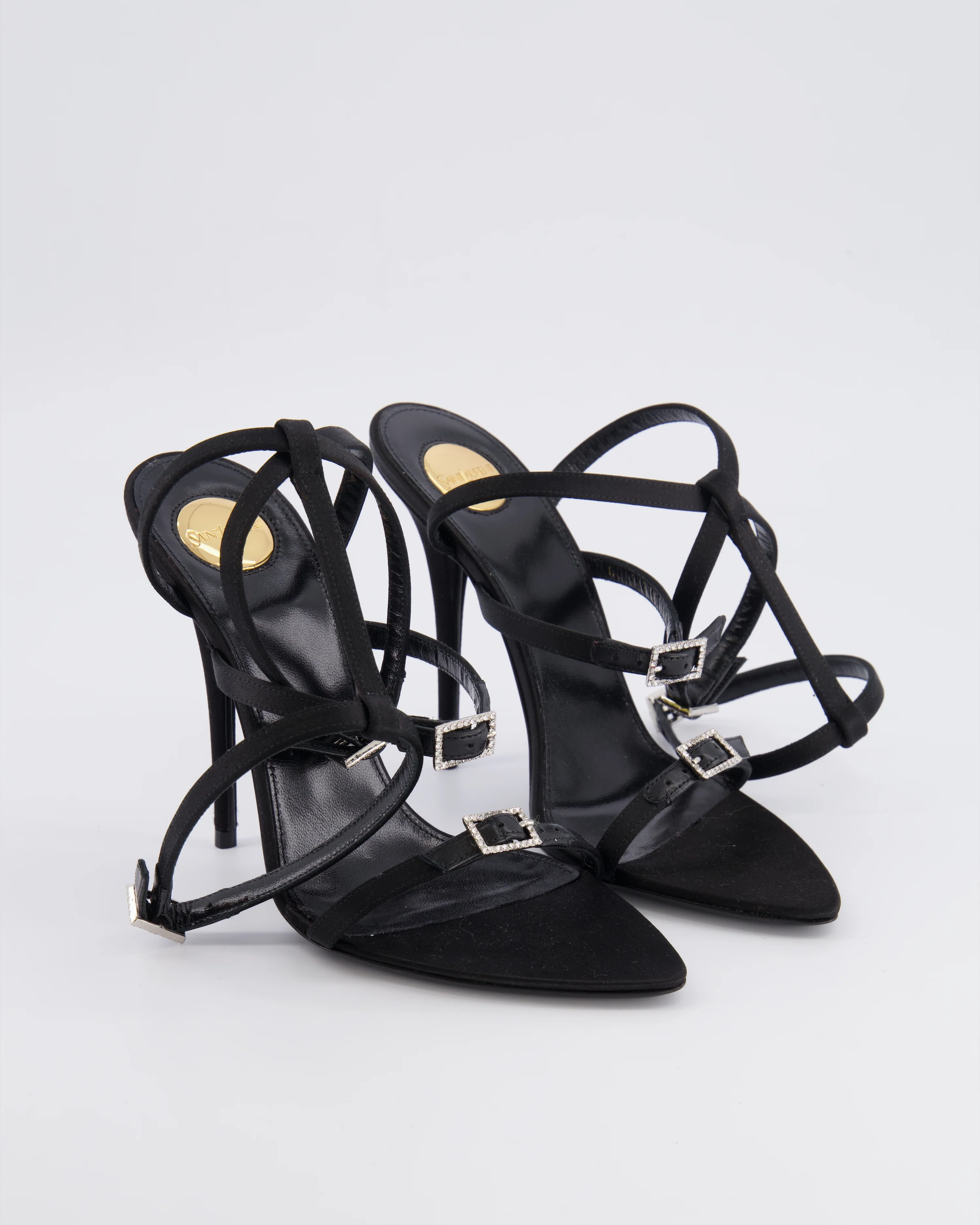 Saint Laurent Black Satin Nuit 110 Crêpe Heeled Sandals with Crystals Size EU 37 RRP £1,030 - Image 3