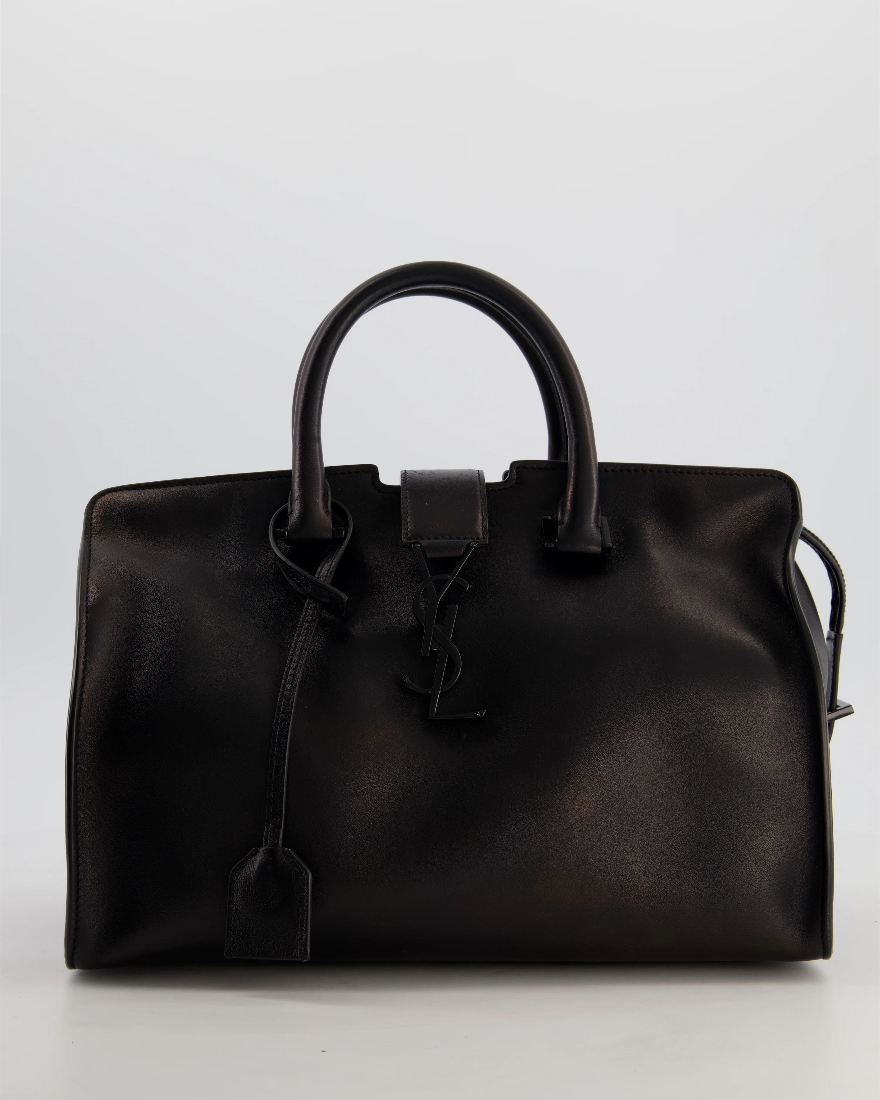 Saint Laurent Black Small Monogram Cabas Satchel Bag in Calfskin Leather and Black Hardware