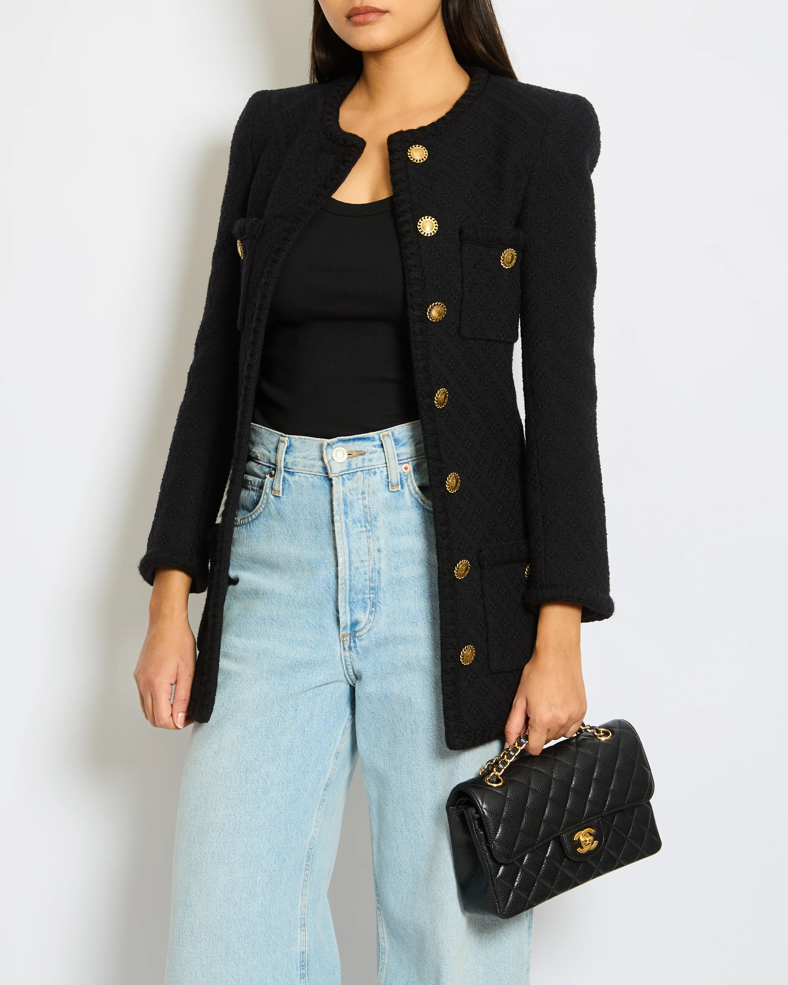 Saint Laurent Black Tweed Long-Sleeve Jacket with Gold Button Detail Size FR 34 (UK 6)