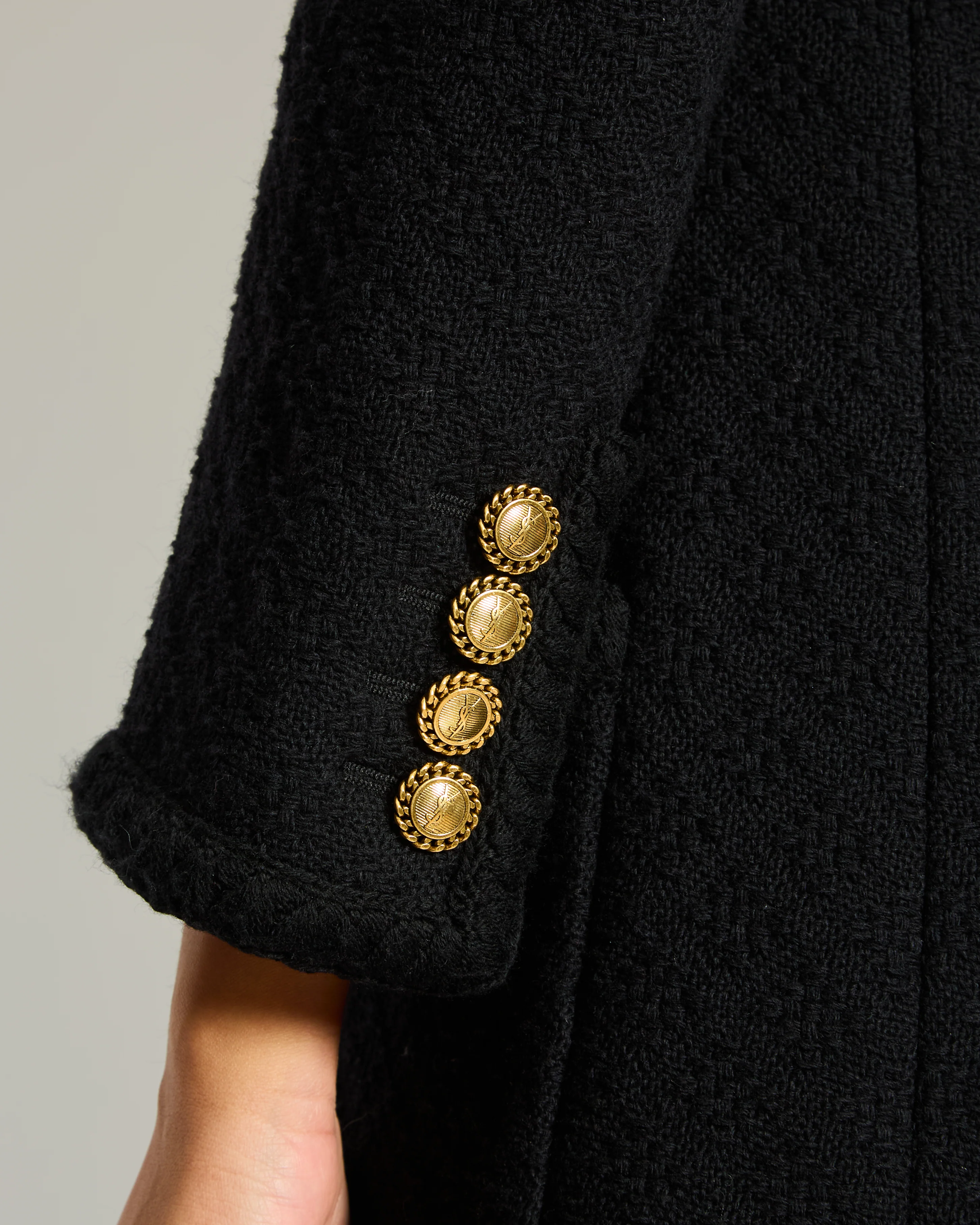 Saint Laurent Black Tweed Long-Sleeve Jacket with Gold Button Detail Size FR 34 (UK 6) - Image 2
