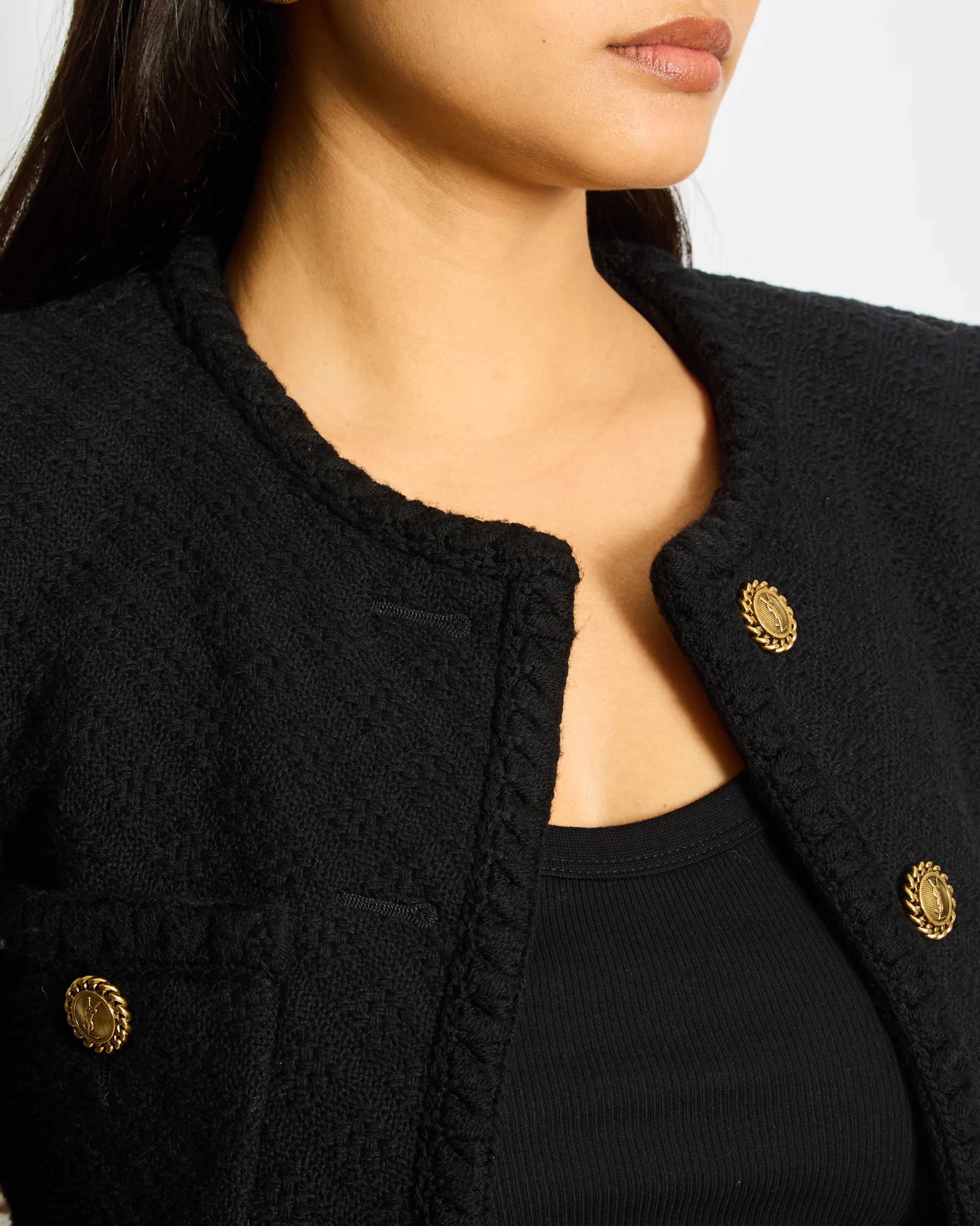 Saint Laurent Black Tweed Long-Sleeve Jacket with Gold Button Detail Size FR 34 (UK 6) - Image 3