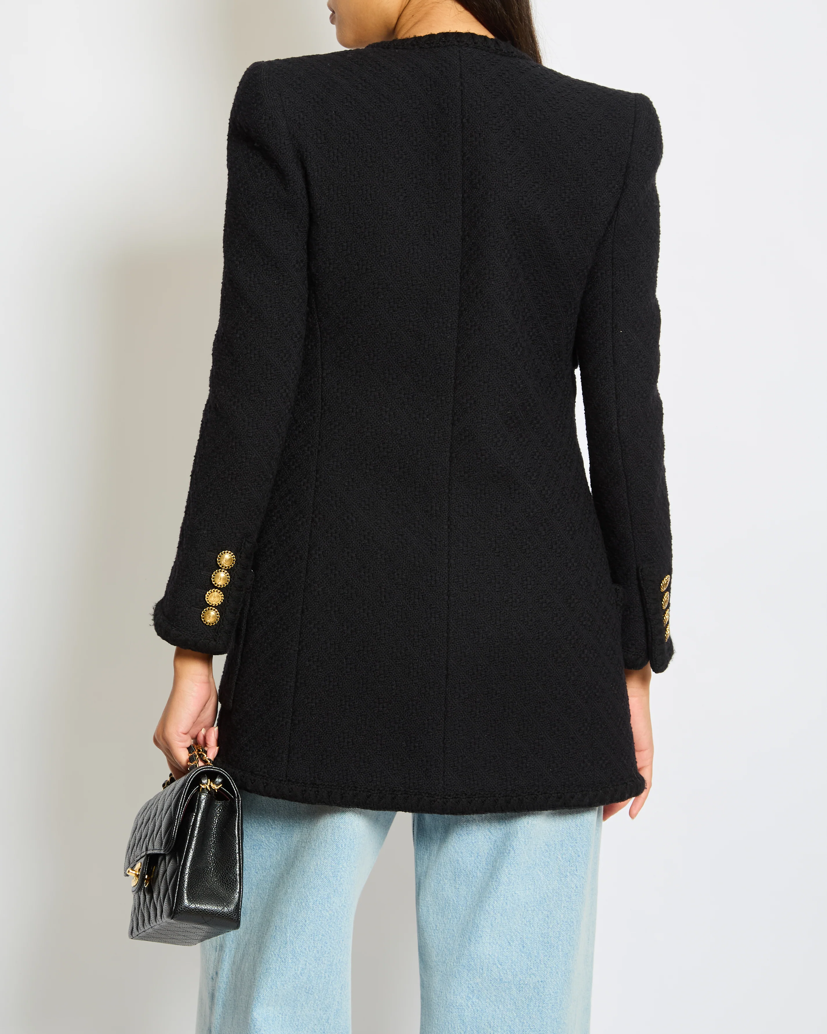 Saint Laurent Black Tweed Long-Sleeve Jacket with Gold Button Detail Size FR 34 (UK 6) - Image 4
