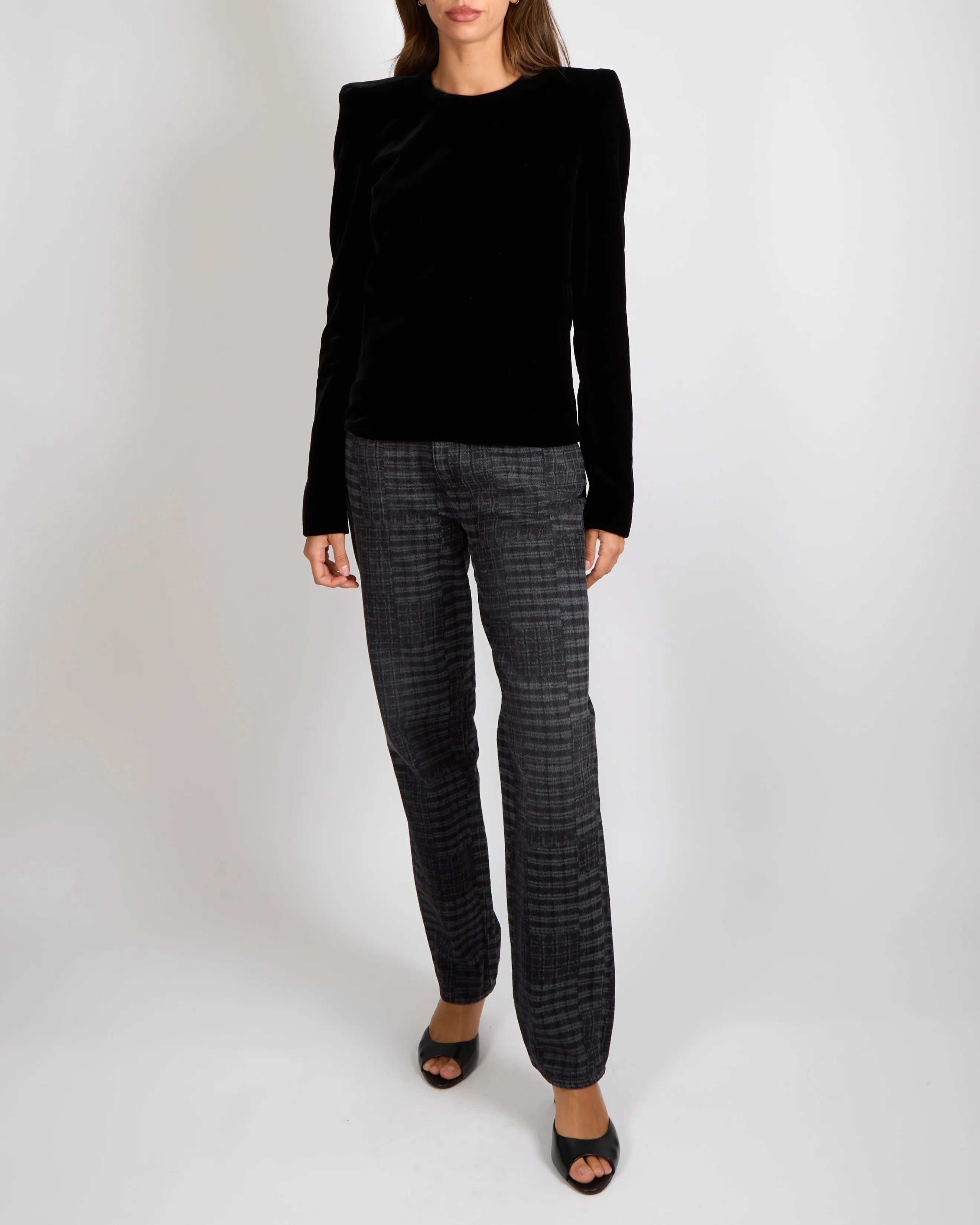 Saint Laurent Black Velvet Long-Sleeved Top with Shoulder Pads and Back Zipper Size FR 38 (UK 10) - Image 2