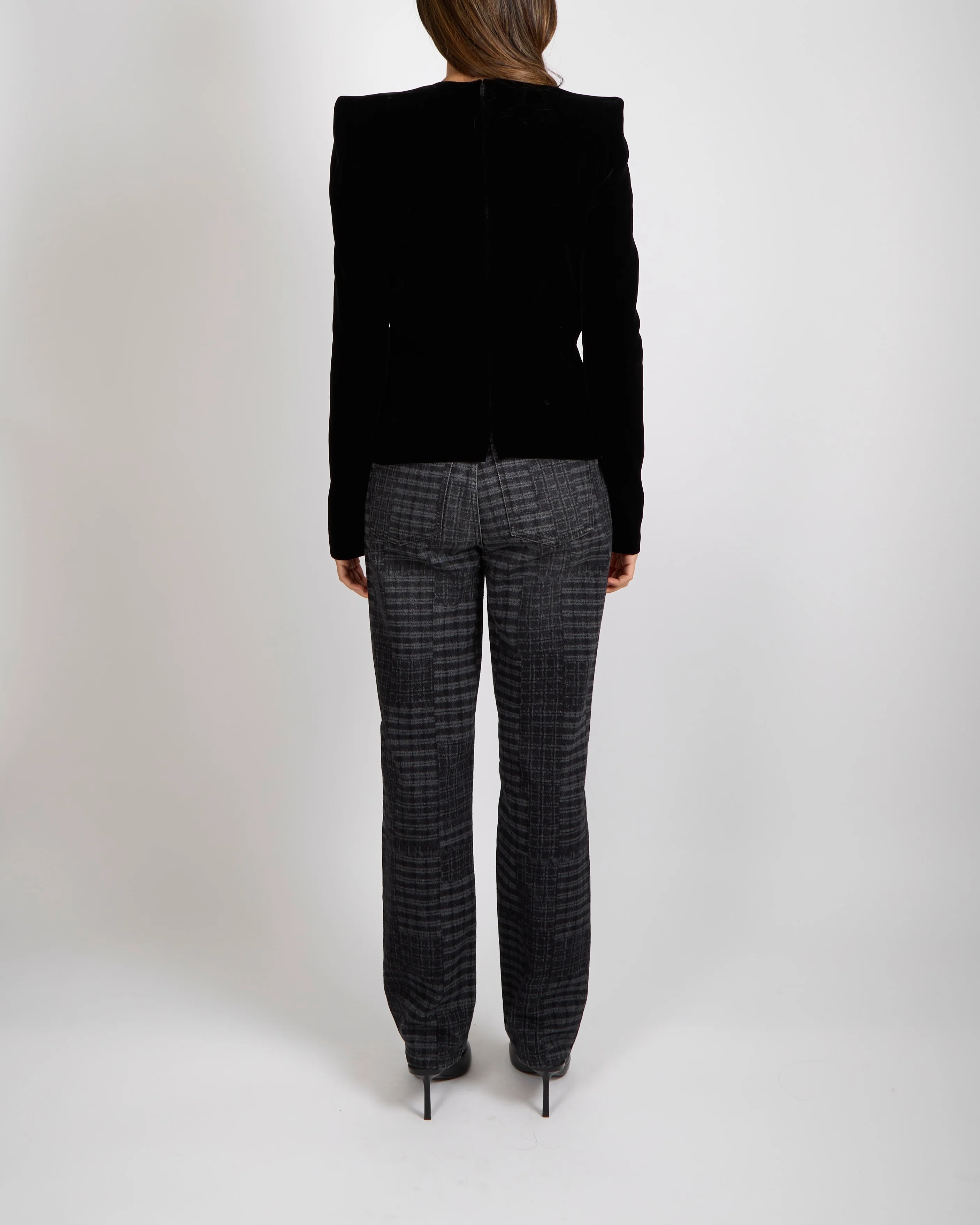 Saint Laurent Black Velvet Long-Sleeved Top with Shoulder Pads and Back Zipper Size FR 38 (UK 10) - Image 4