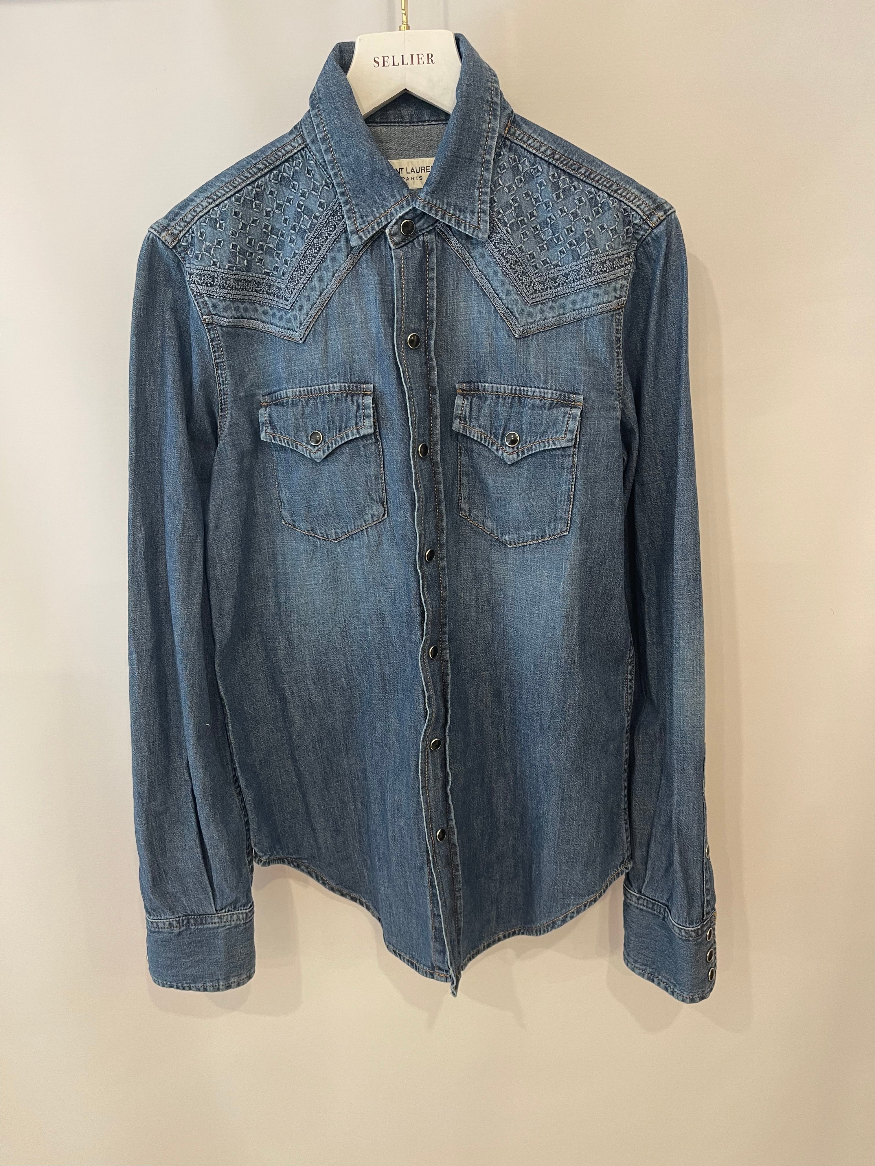 Saint Laurent Blue Denim Button-Up Shirt with Embroideries Size S (UK 8) - Image 3