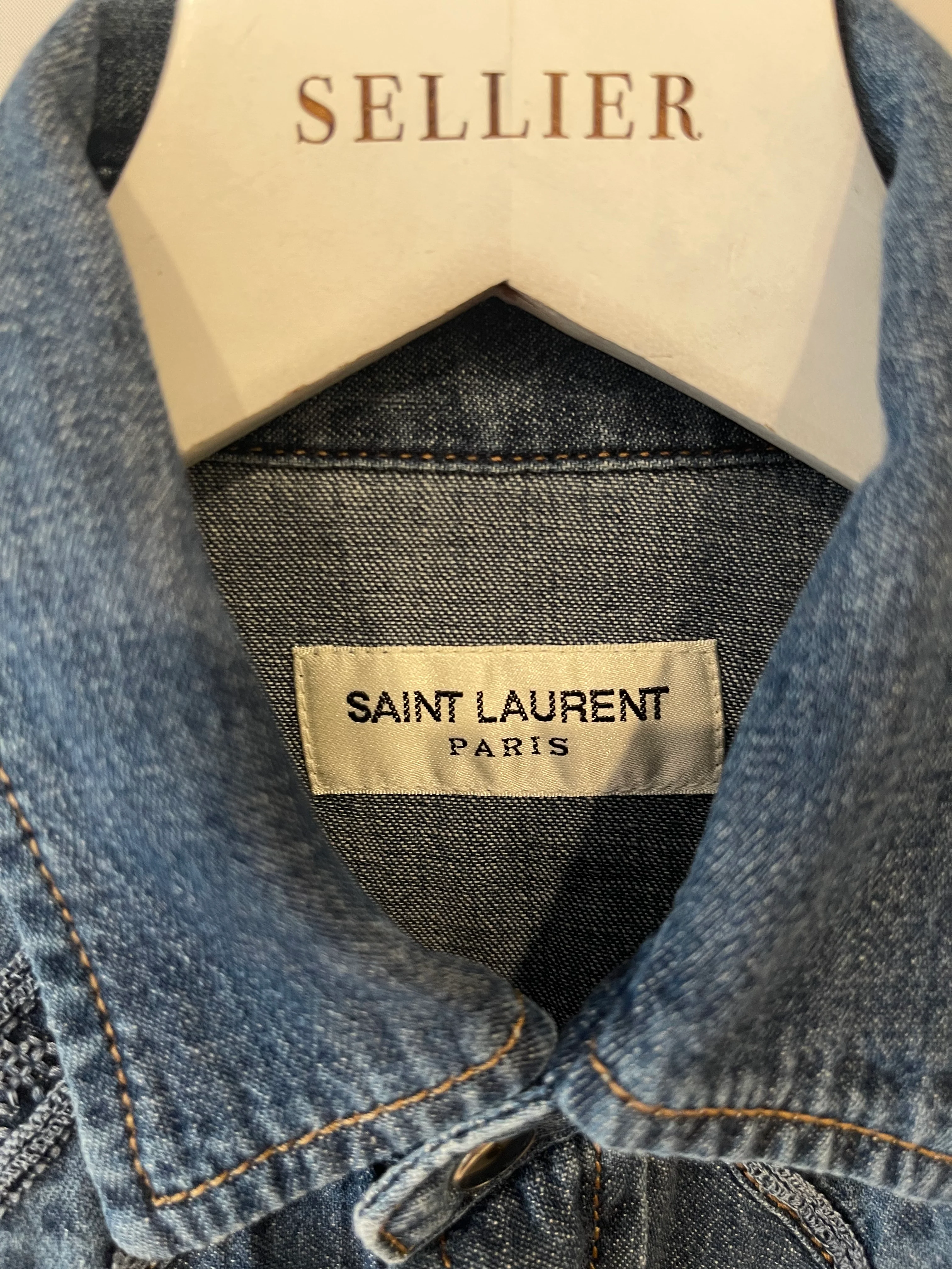 Saint Laurent Blue Denim Button-Up Shirt with Embroideries Size S (UK 8) - Image 5