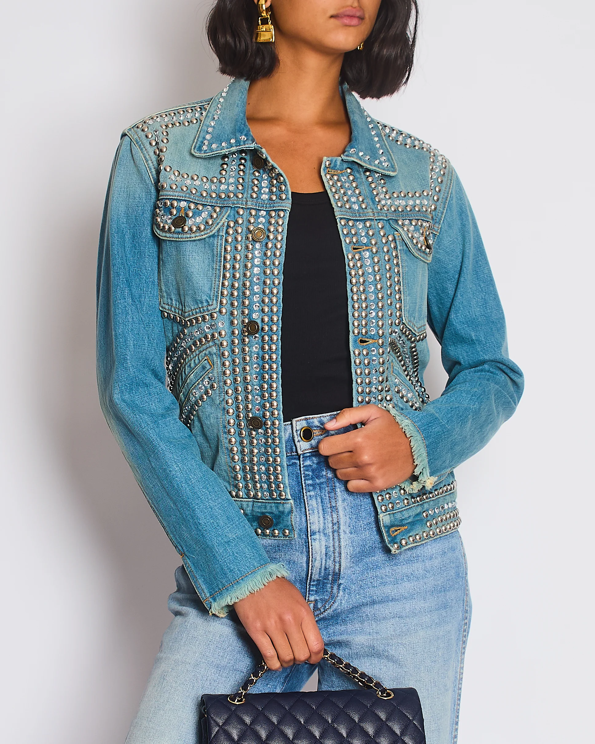 Saint Laurent Blue Denim Jacket with Studs & Crystals Details Size S (UK 8)