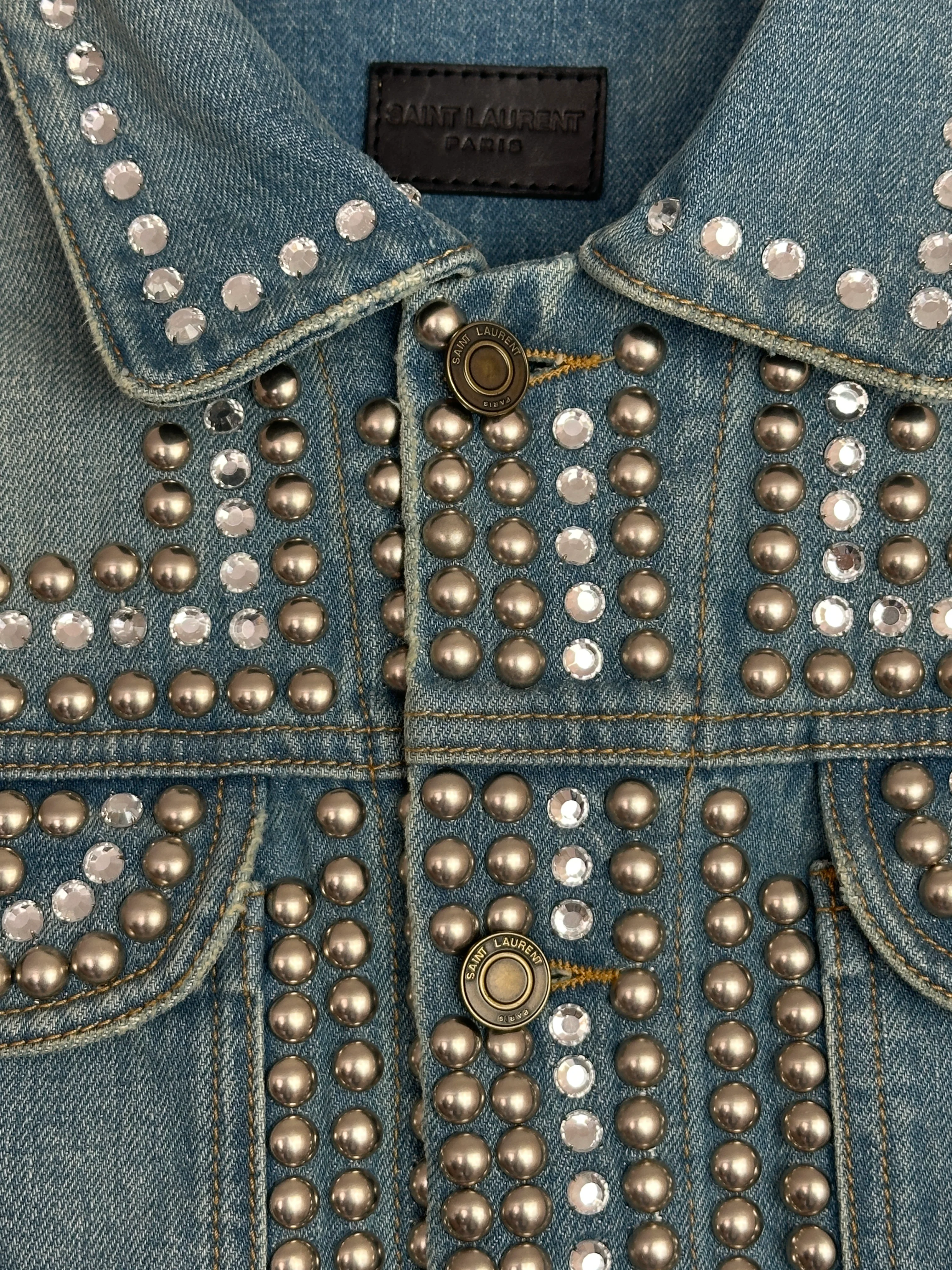 Saint Laurent Blue Denim Jacket with Studs & Crystals Details Size S (UK 8) - Image 12