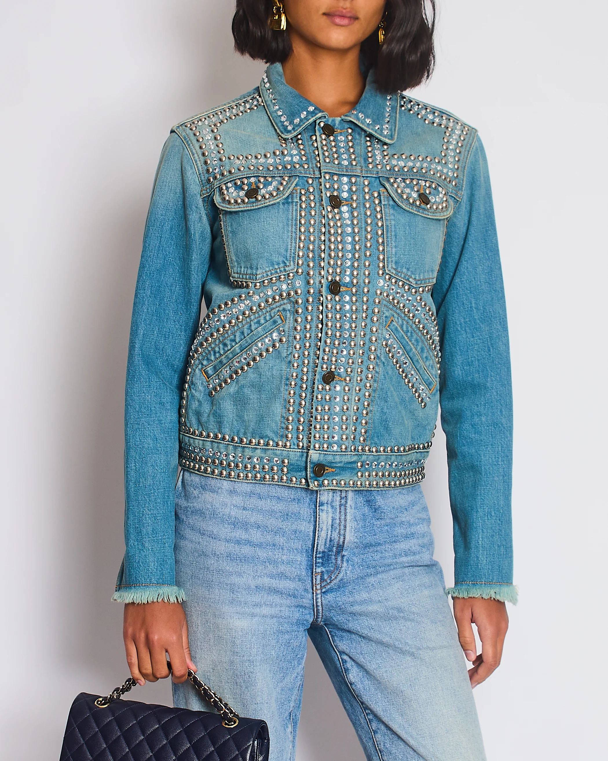 Saint Laurent Blue Denim Jacket with Studs & Crystals Details Size S (UK 8) - Image 2