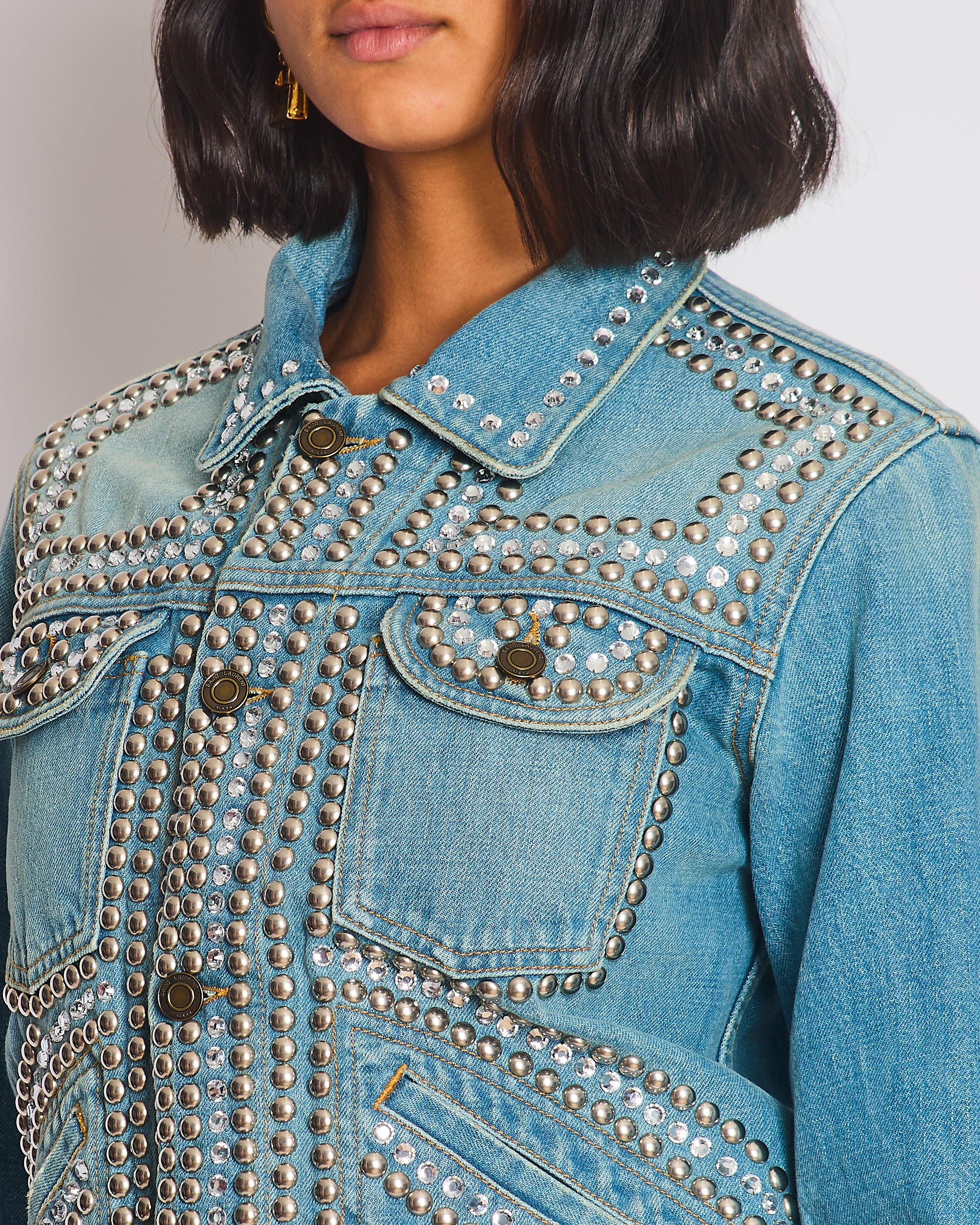 Saint Laurent Blue Denim Jacket with Studs & Crystals Details Size S (UK 8) - Image 3